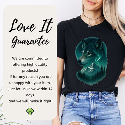 Wolf and Northern Lights T-Shirt – Spirit Animal in Night Forest & Mountain Scene