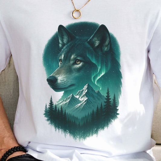 Wolf and Northern Lights T-Shirt – Spirit Animal in Night Forest & Mountain Scene