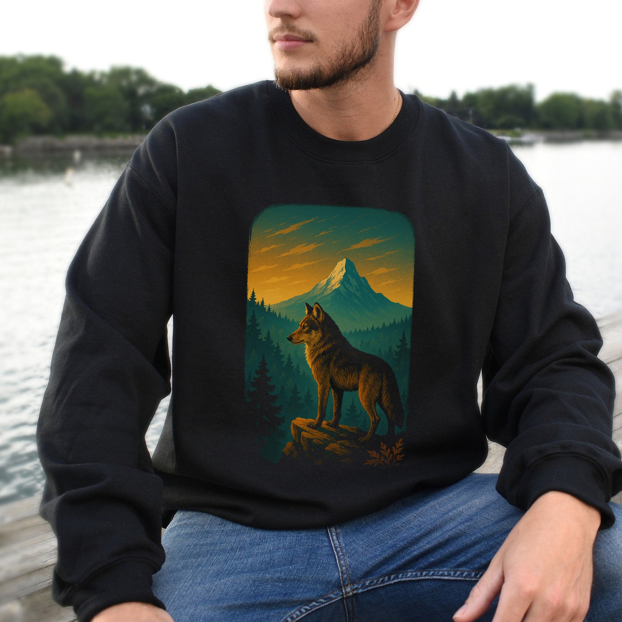 Wolf on Cliff Sweatshirt – Majestic Forest & Mountain Spirit Animal