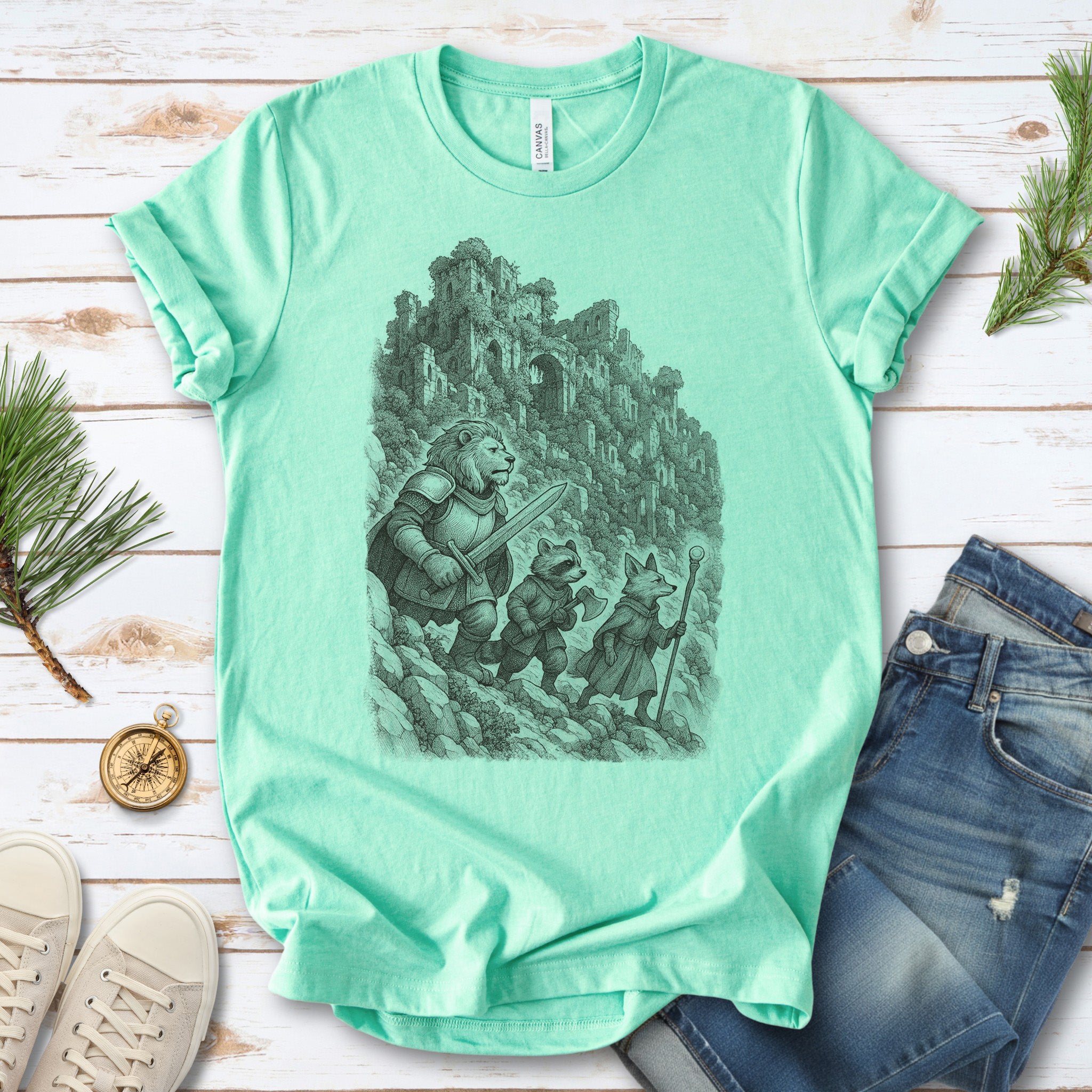 Animal Warrior Quest T-Shirt – Fantasy Lion, Raccoon & Fox Adventure Tee