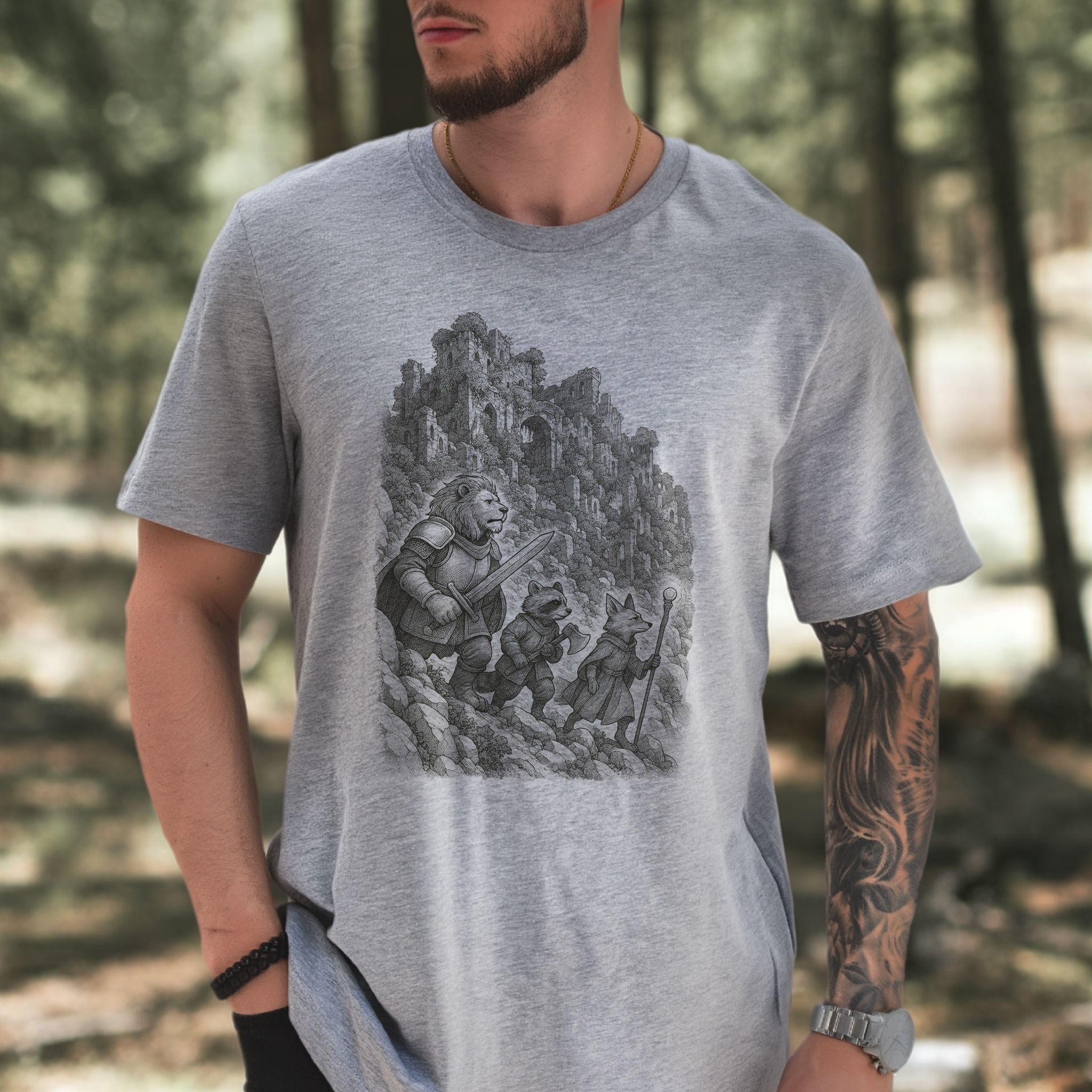 Animal Warrior Quest T-Shirt – Fantasy Lion, Raccoon & Fox Adventure Tee