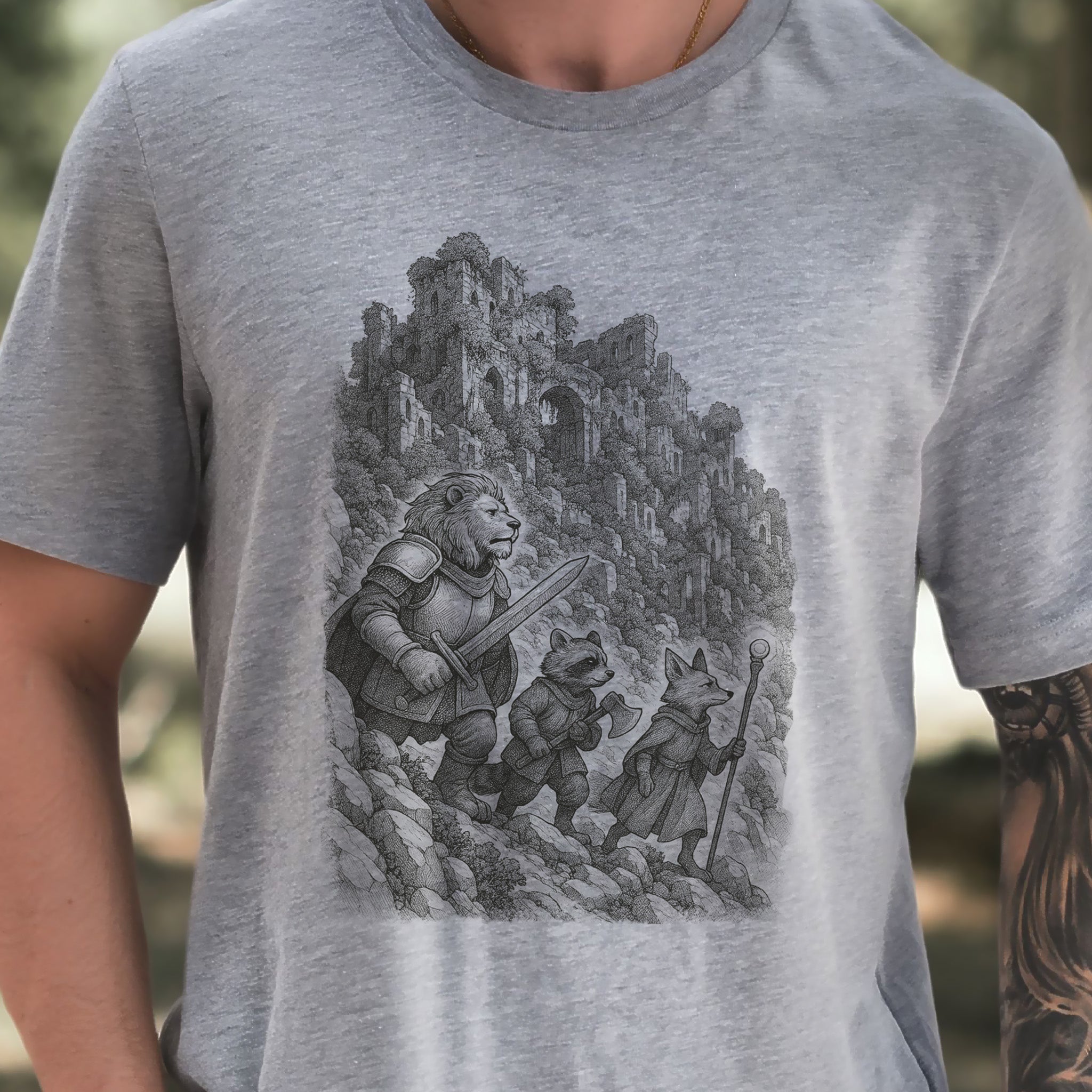 Animal Warrior Quest T-Shirt – Fantasy Lion, Raccoon & Fox Adventure Tee