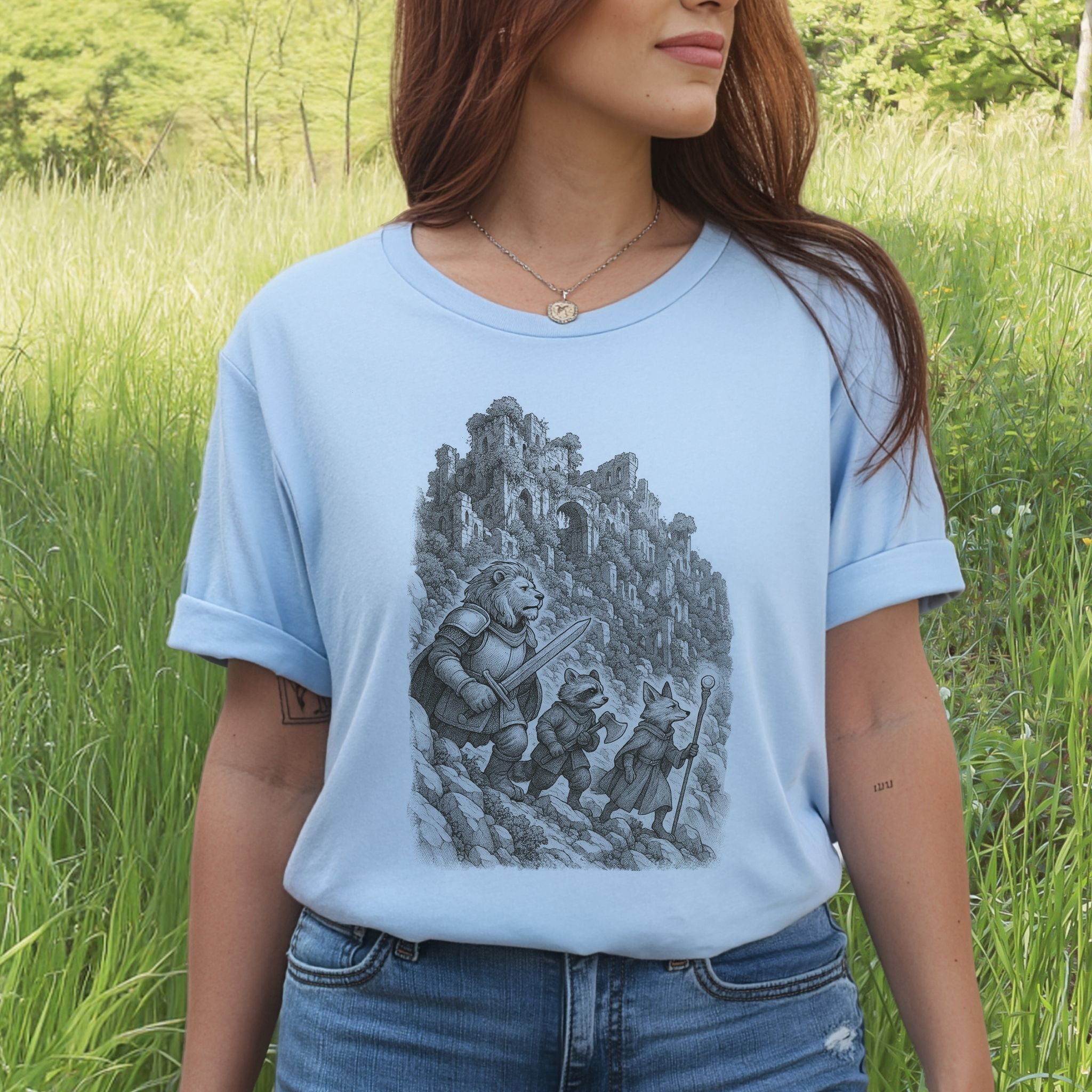 Animal Warrior Quest T-Shirt – Fantasy Lion, Raccoon & Fox Adventure Tee