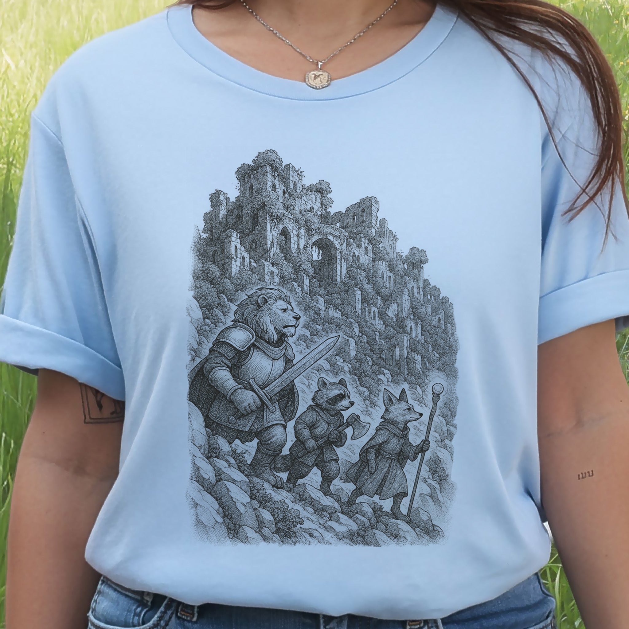 Animal Warrior Quest T-Shirt – Fantasy Lion, Raccoon & Fox Adventure Tee