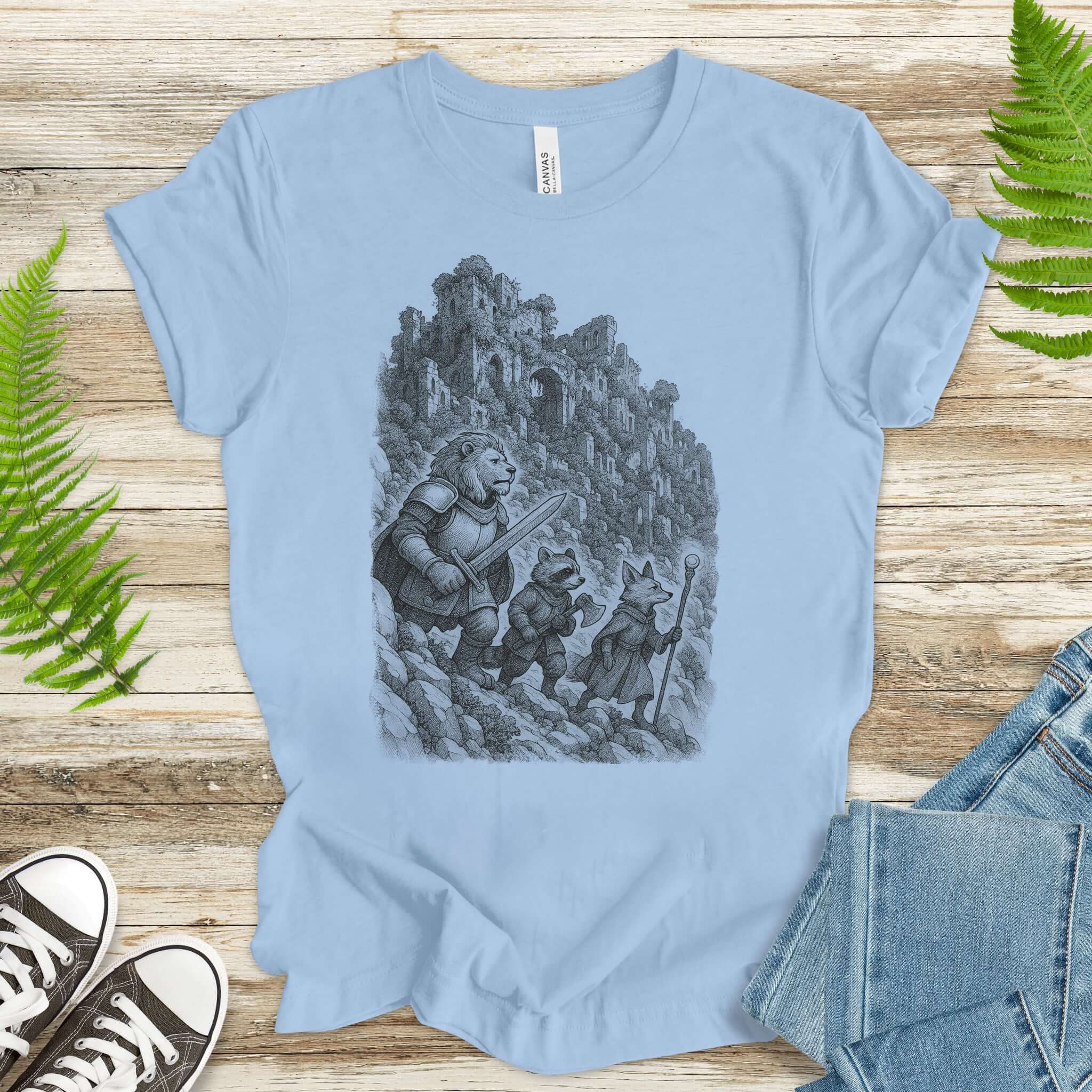 Animal Warrior Quest T-Shirt – Fantasy Lion, Raccoon & Fox Adventure Tee