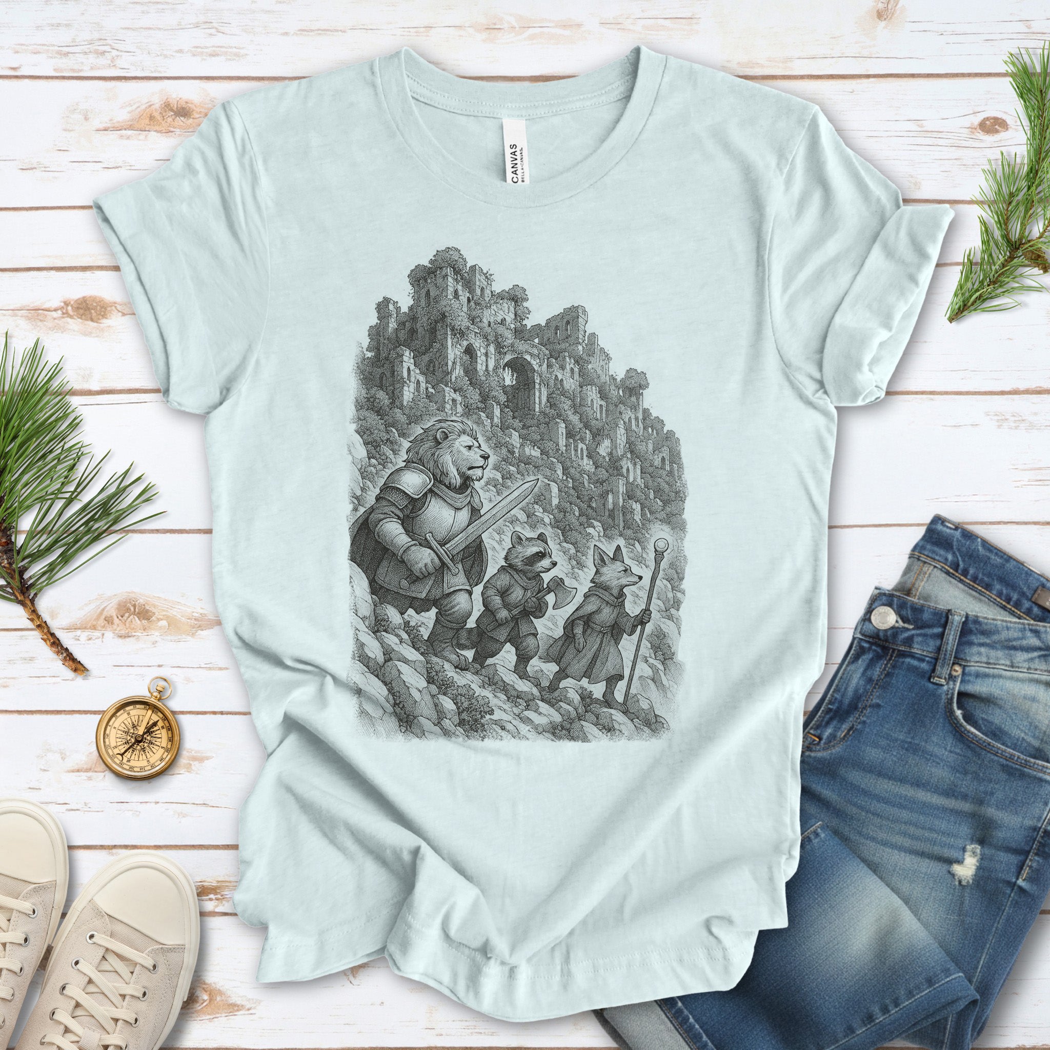 Animal Warrior Quest T-Shirt – Fantasy Lion, Raccoon & Fox Adventure Tee