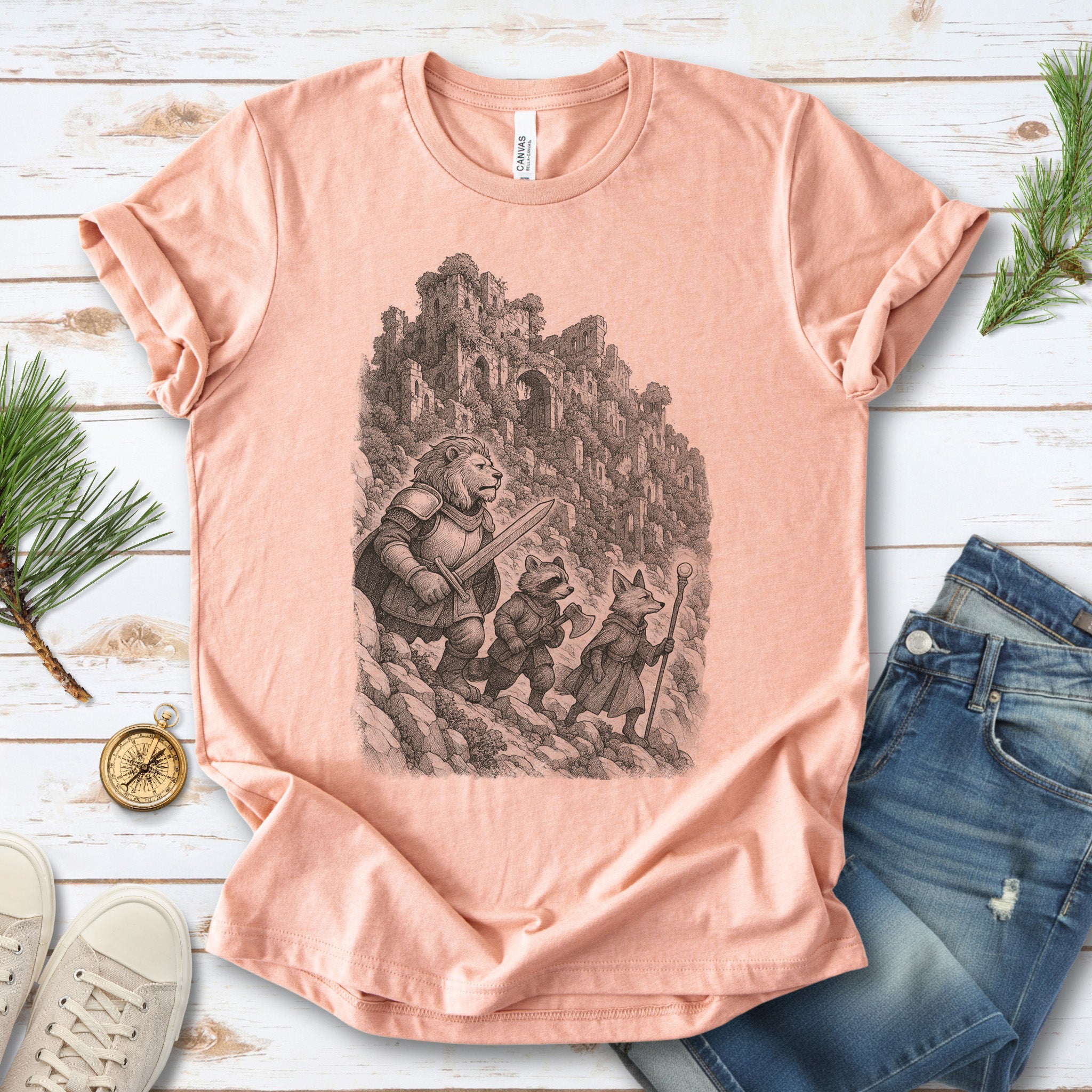 Animal Warrior Quest T-Shirt – Fantasy Lion, Raccoon & Fox Adventure Tee