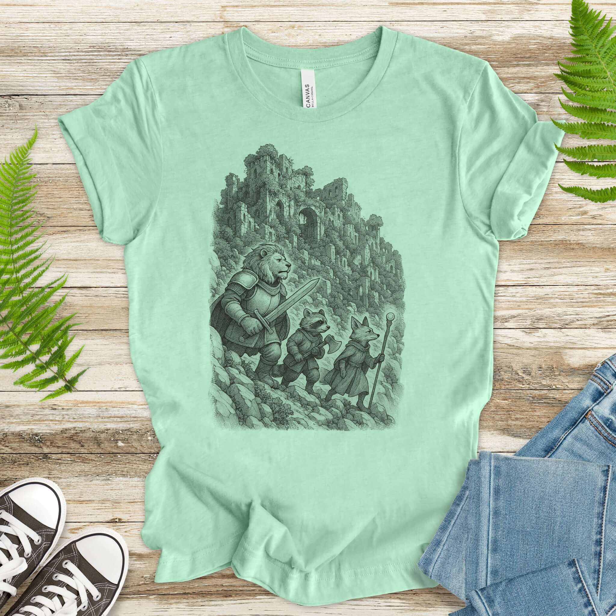 Animal Warrior Quest T-Shirt – Fantasy Lion, Raccoon & Fox Adventure Tee