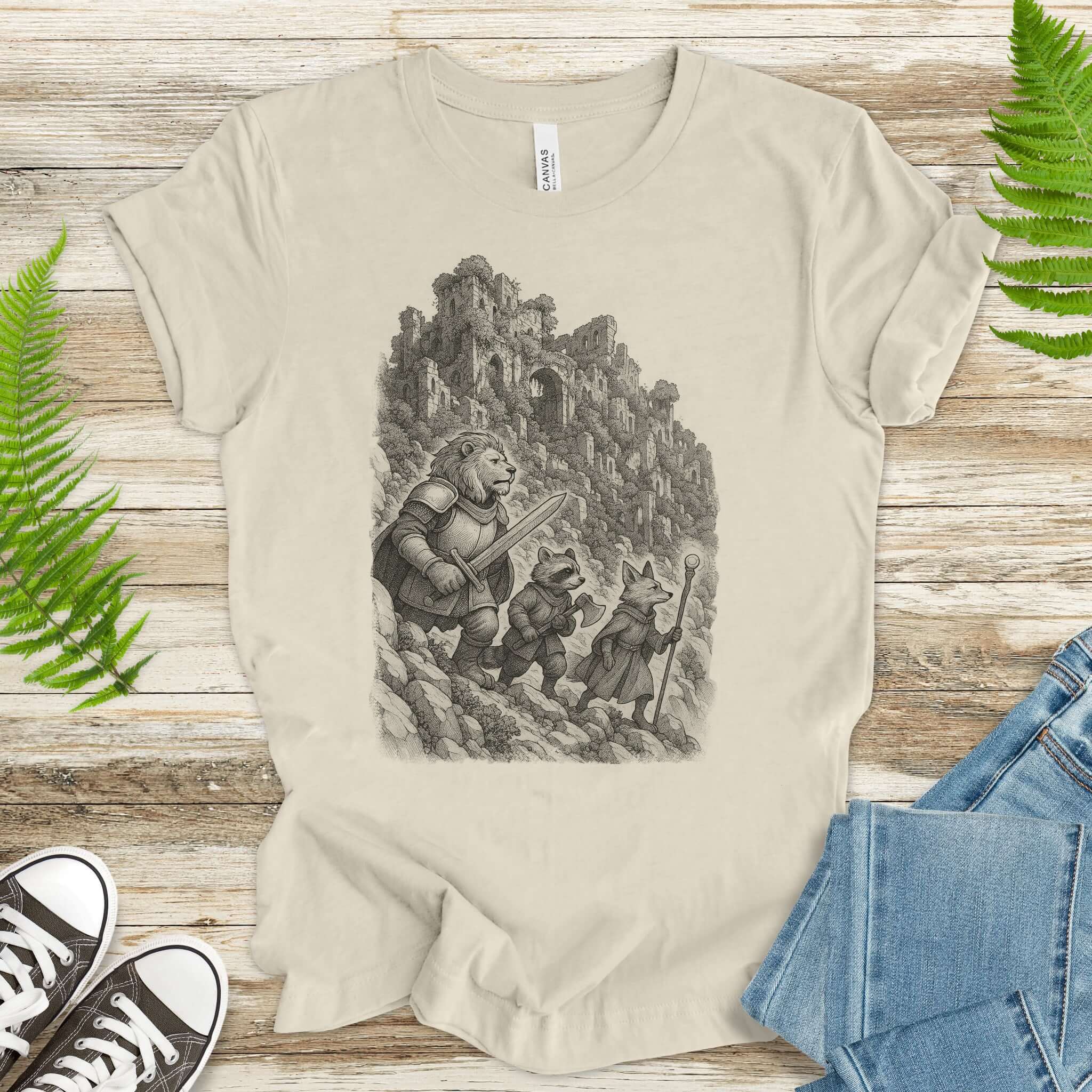 Animal Warrior Quest T-Shirt – Fantasy Lion, Raccoon & Fox Adventure Tee