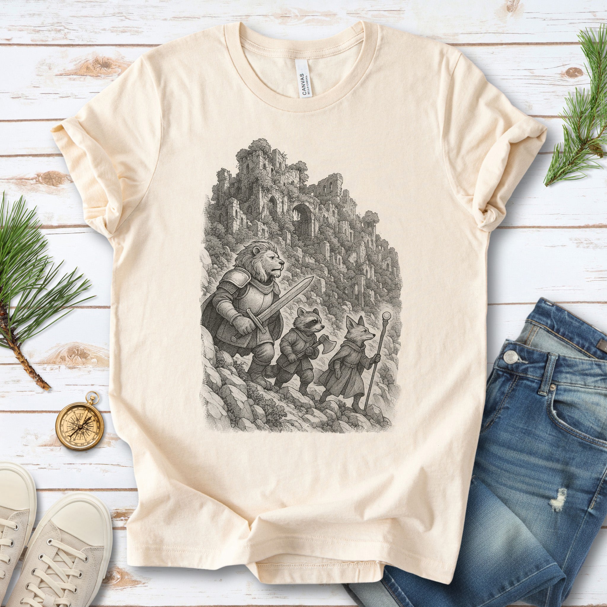 Animal Warrior Quest T-Shirt – Fantasy Lion, Raccoon & Fox Adventure Tee