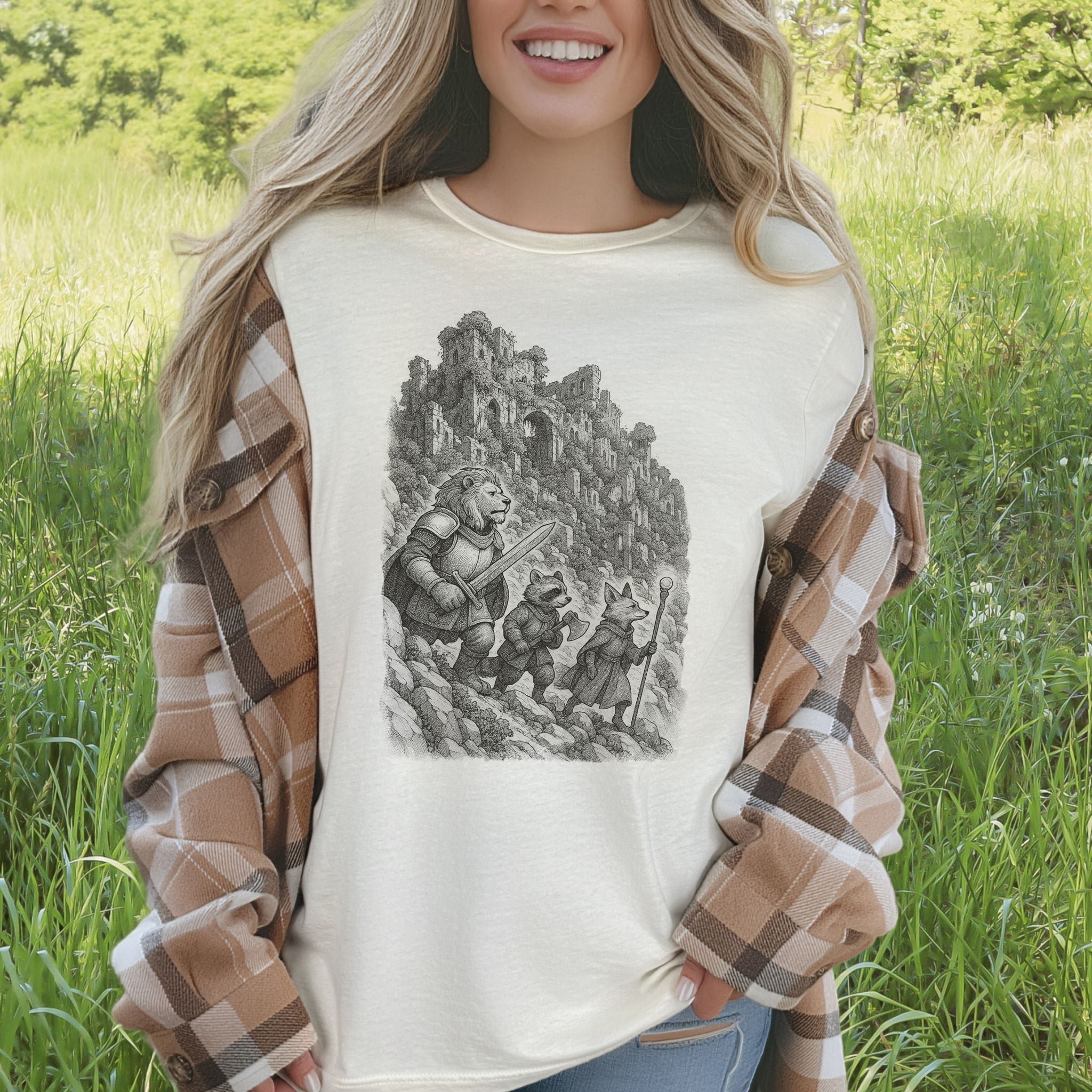 Animal Warrior Quest T-Shirt – Fantasy Lion, Raccoon & Fox Adventure Tee