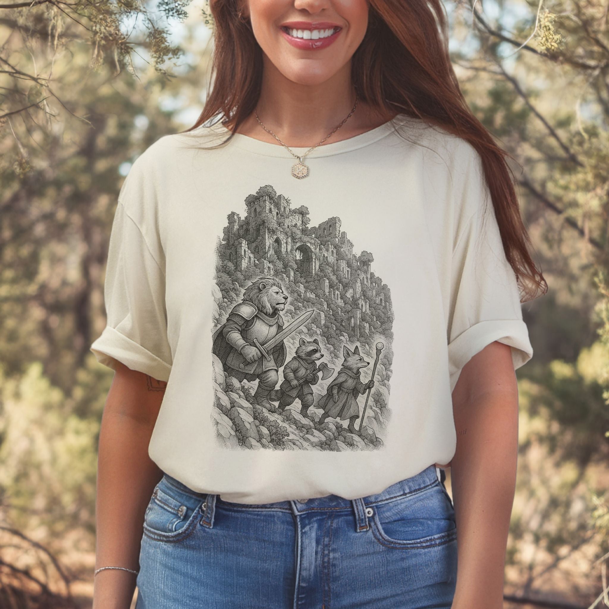 Animal Warrior Quest T-Shirt – Fantasy Lion, Raccoon & Fox Adventure Tee