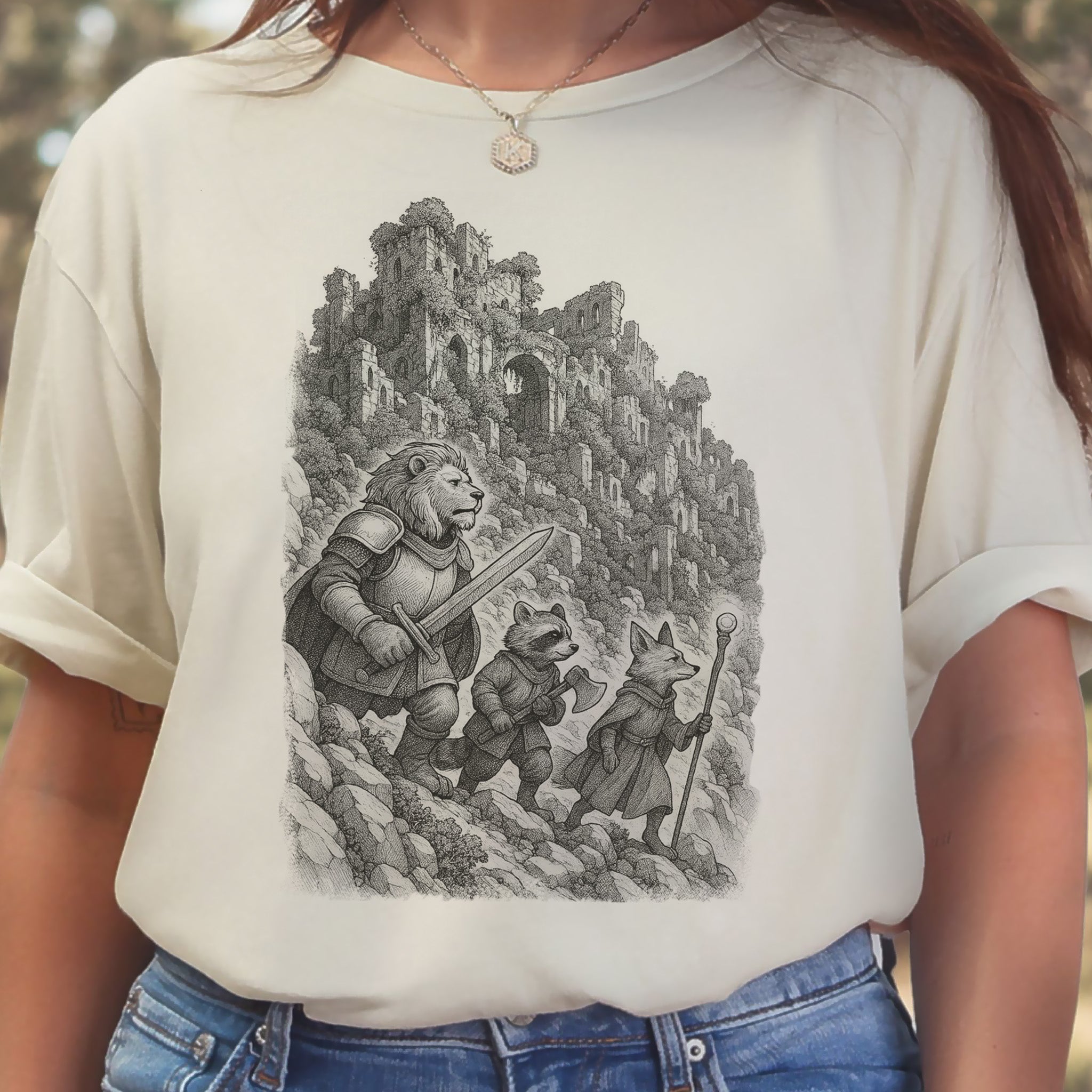 Animal Warrior Quest T-Shirt – Fantasy Lion, Raccoon & Fox Adventure Tee