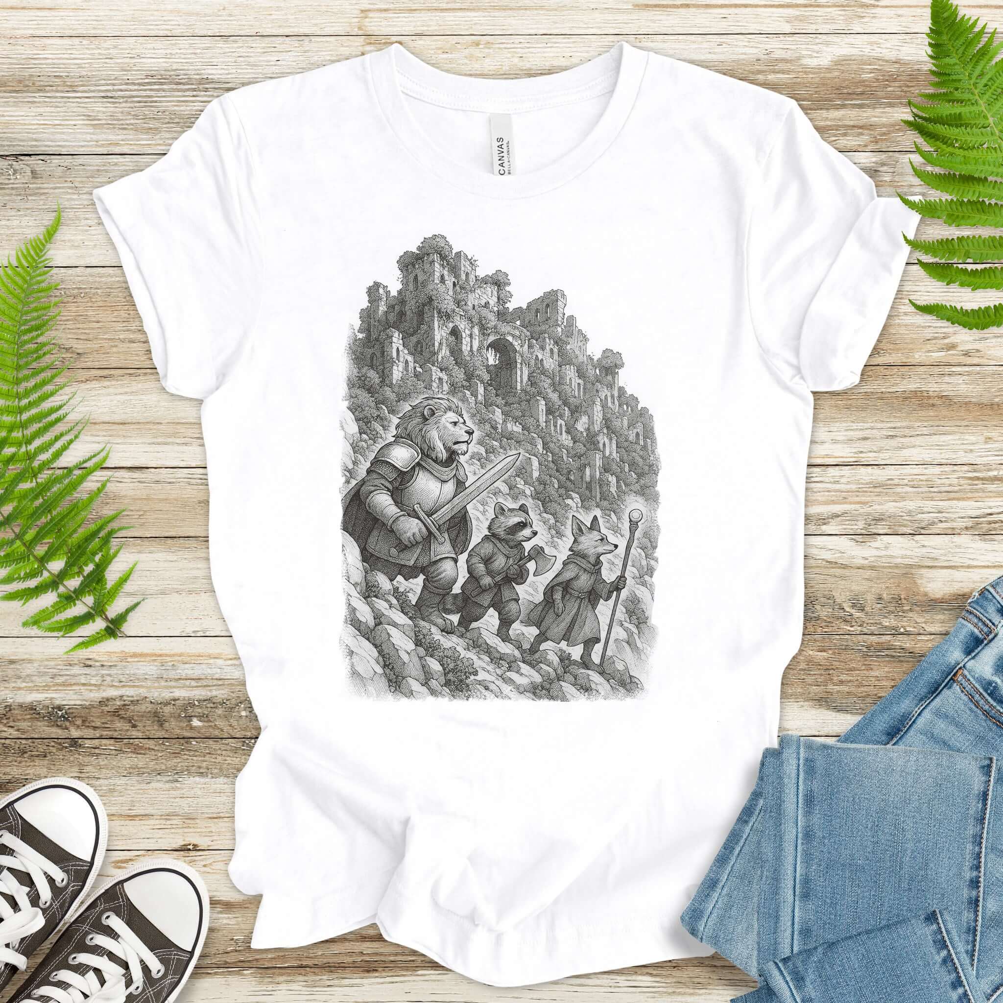 Animal Warrior Quest T-Shirt – Fantasy Lion, Raccoon & Fox Adventure Tee