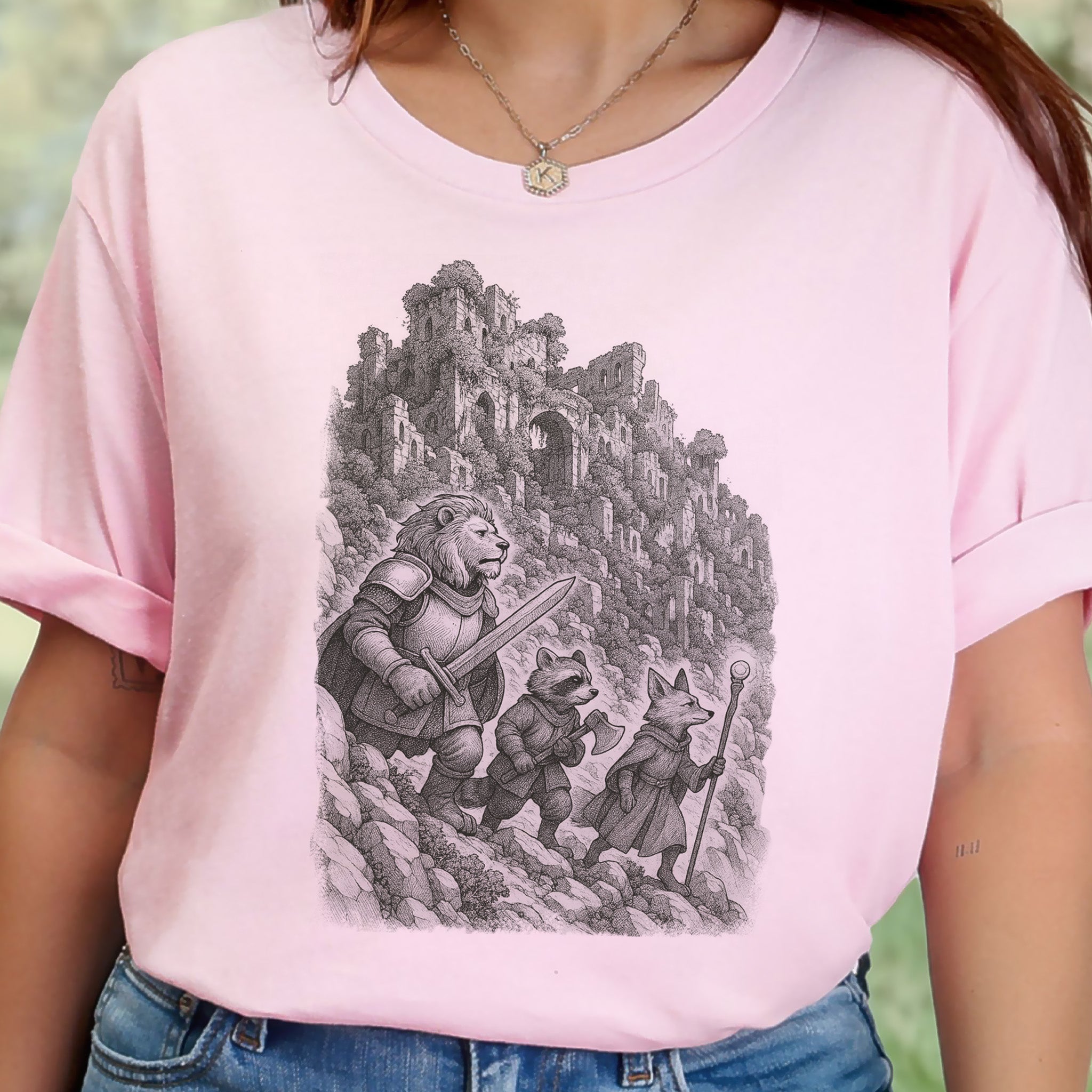 Animal Warrior Quest T-Shirt – Fantasy Lion, Raccoon & Fox Adventure Tee
