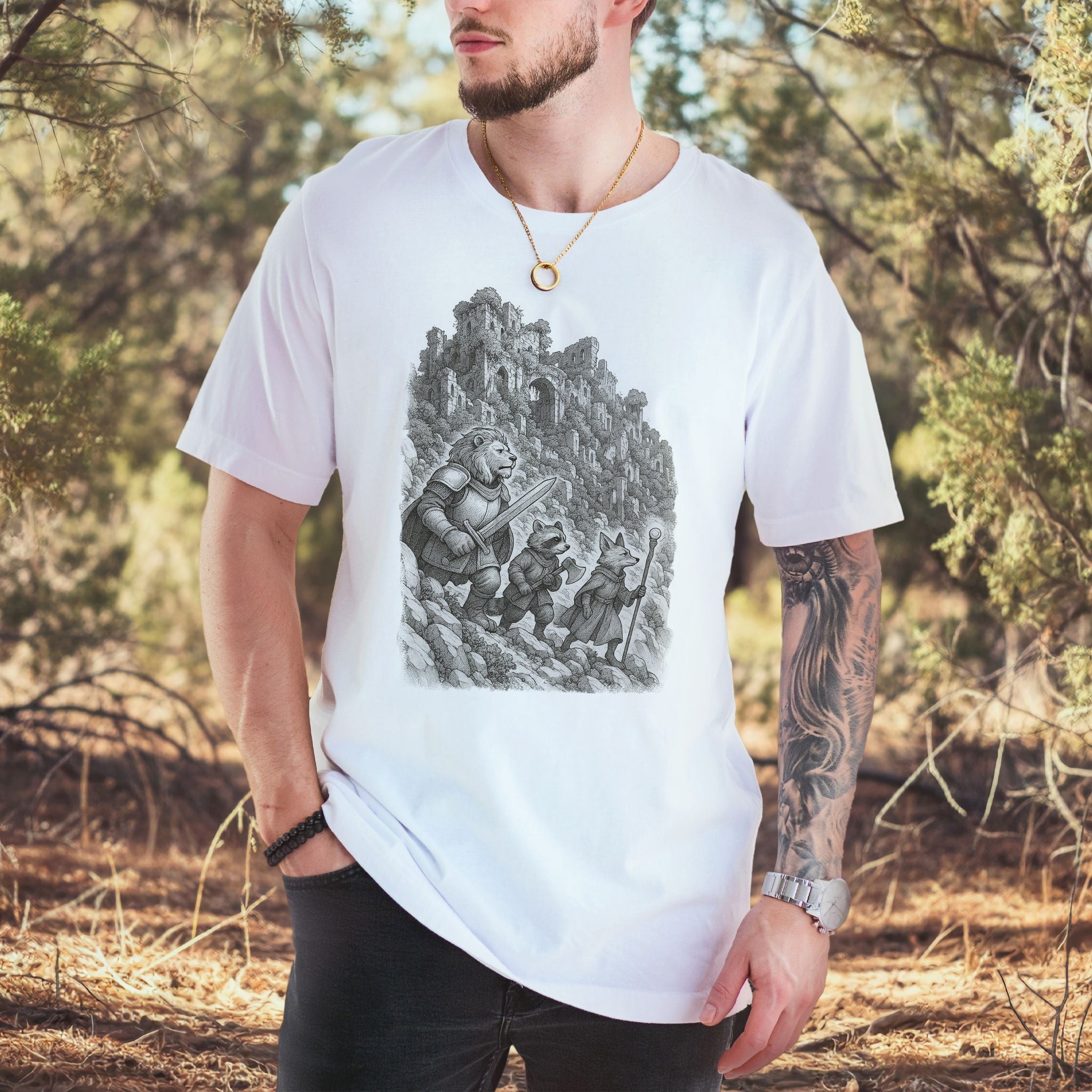 Animal Warrior Quest T-Shirt – Fantasy Lion, Raccoon & Fox Adventure Tee