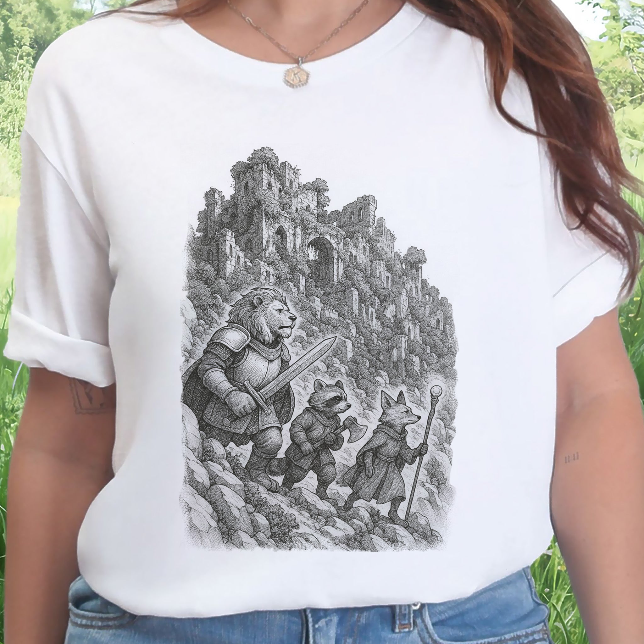 Animal Warrior Quest T-Shirt – Fantasy Lion, Raccoon & Fox Adventure Tee
