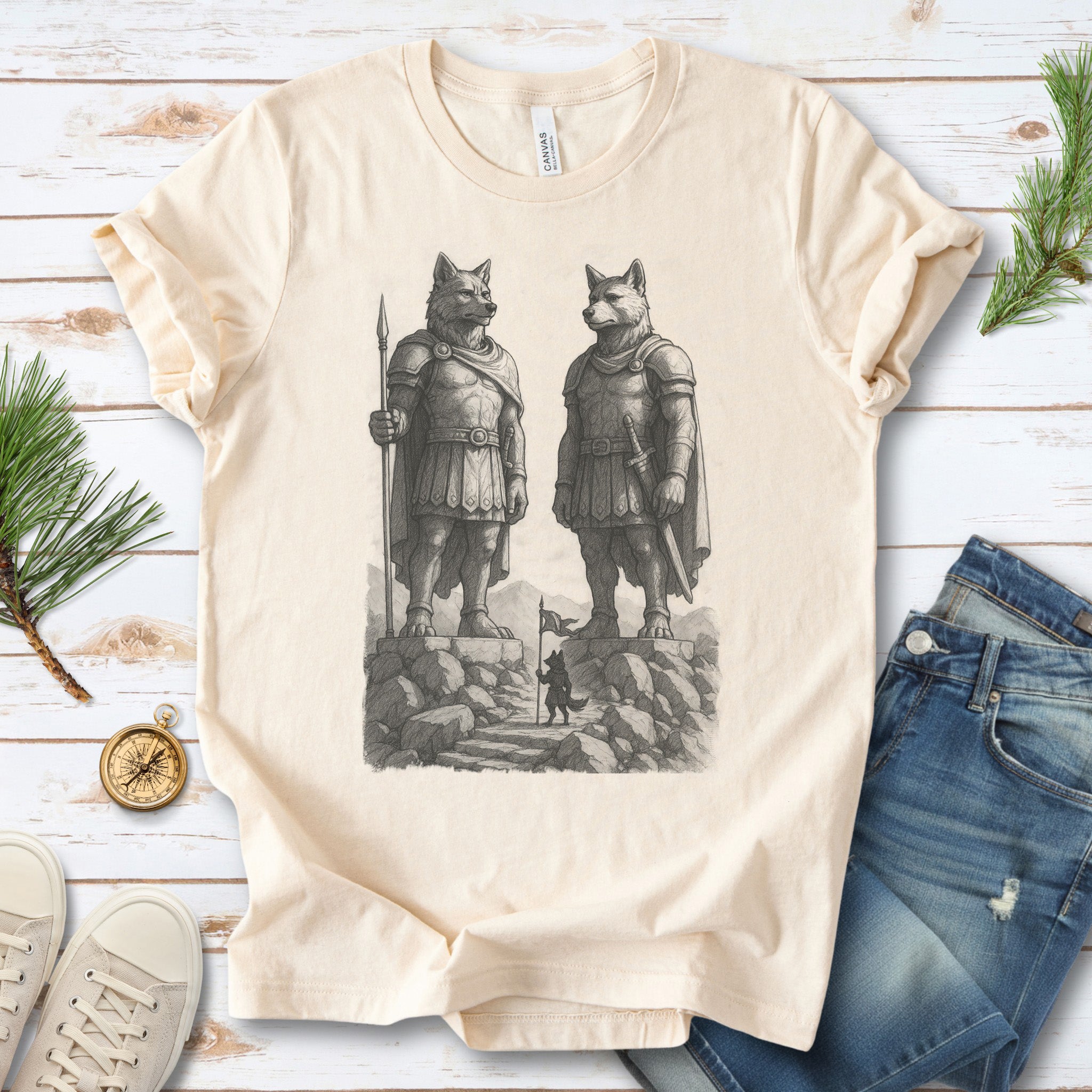 Wolf Guardian Statues T-Shirt – Viking Spirit Animal Fantasy Tee