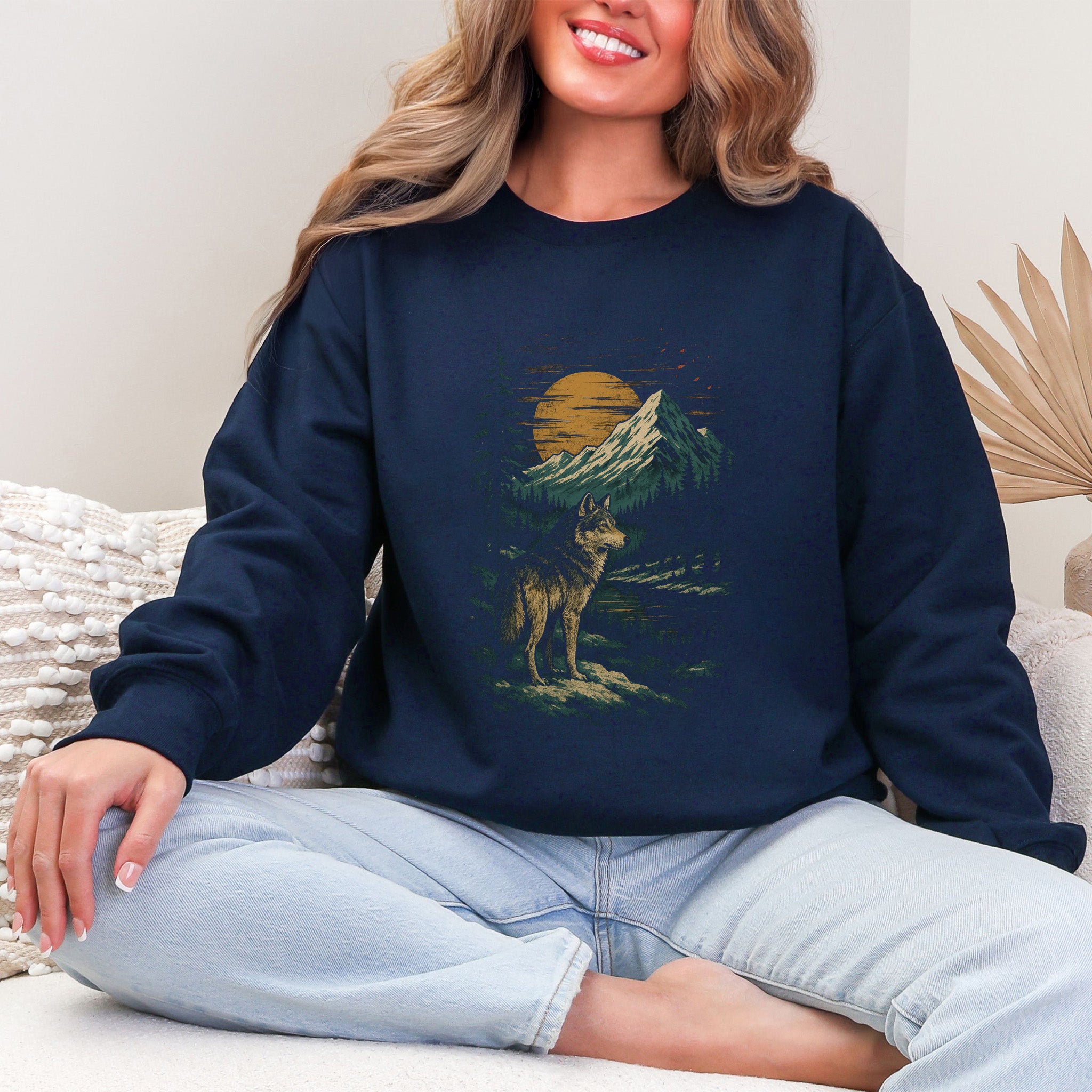 Spirit Wolf at Sunset Sweatshirt – Japanese Style Mountain Landscape