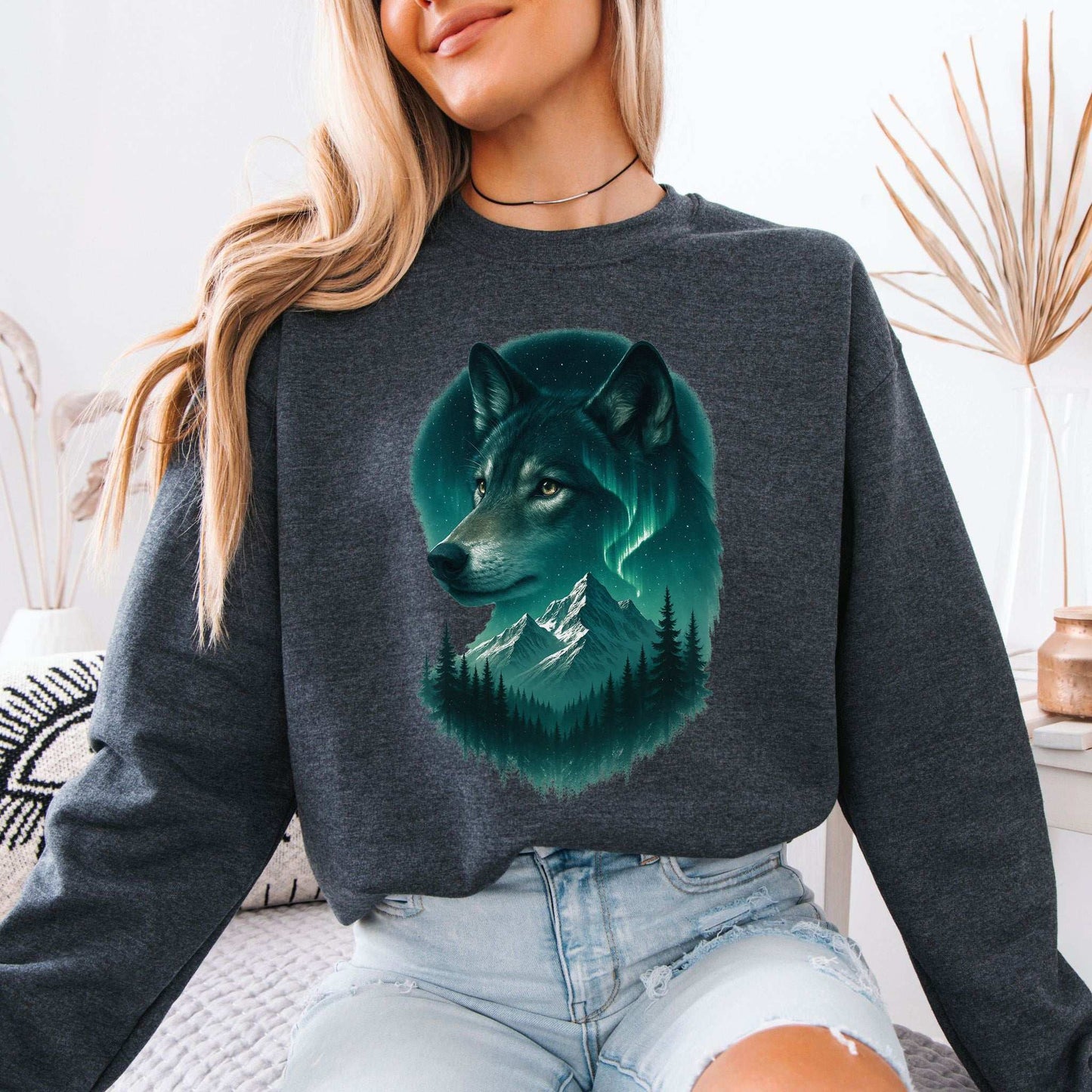 Wolf and Northern Lights Sweatshirt – Spirit Animal in Night Forest & Mountain Scene