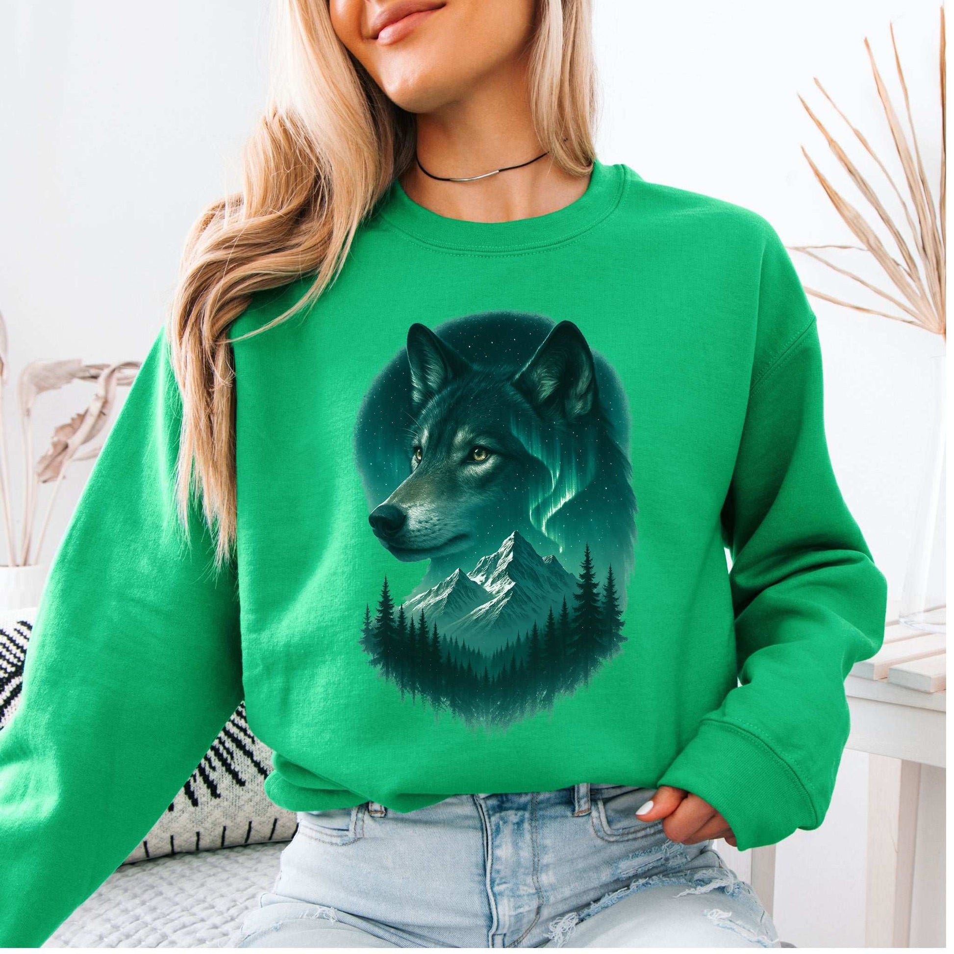 Wolf and Northern Lights Sweatshirt – Spirit Animal in Night Forest & Mountain Scene