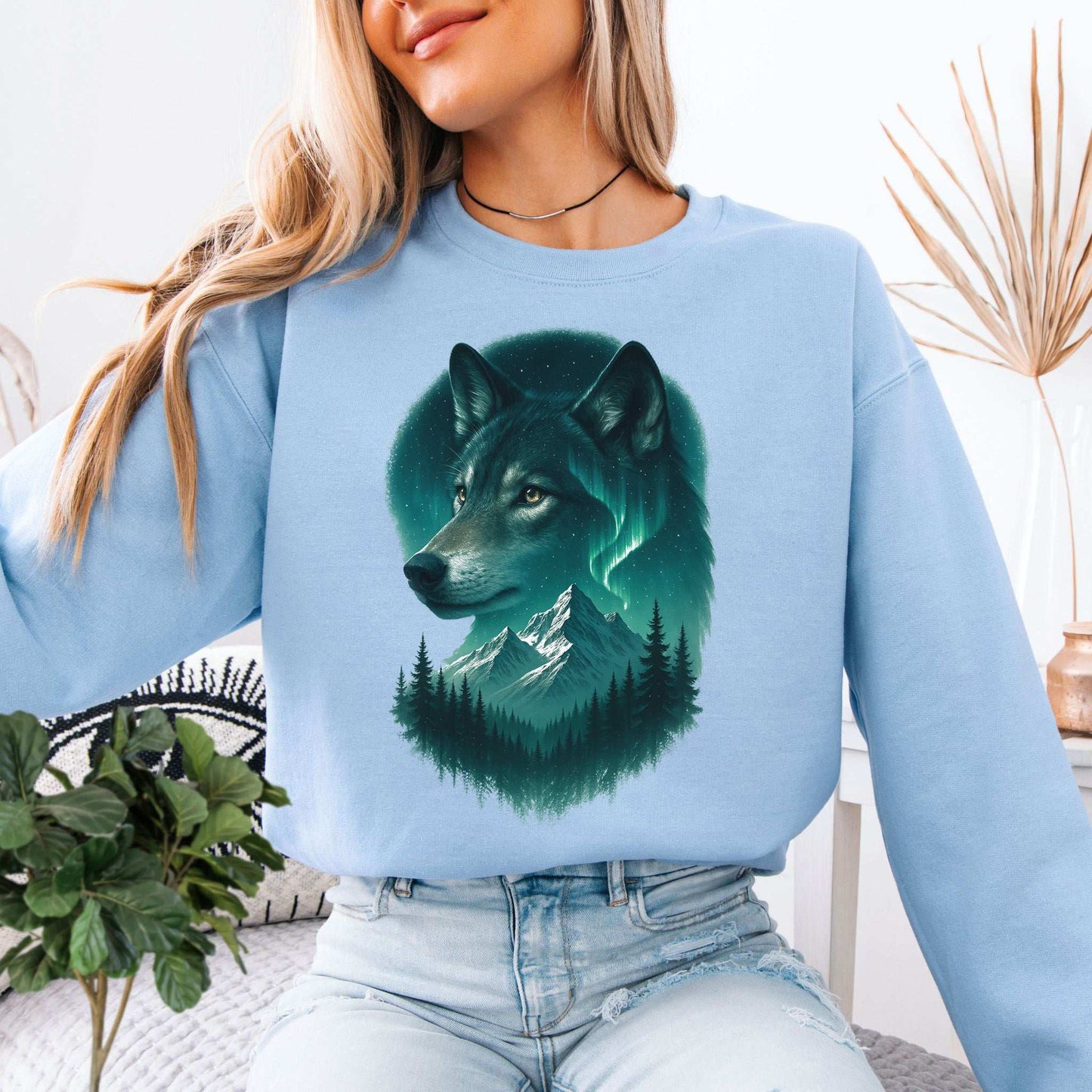 Wolf and Northern Lights Sweatshirt – Spirit Animal in Night Forest & Mountain Scene
