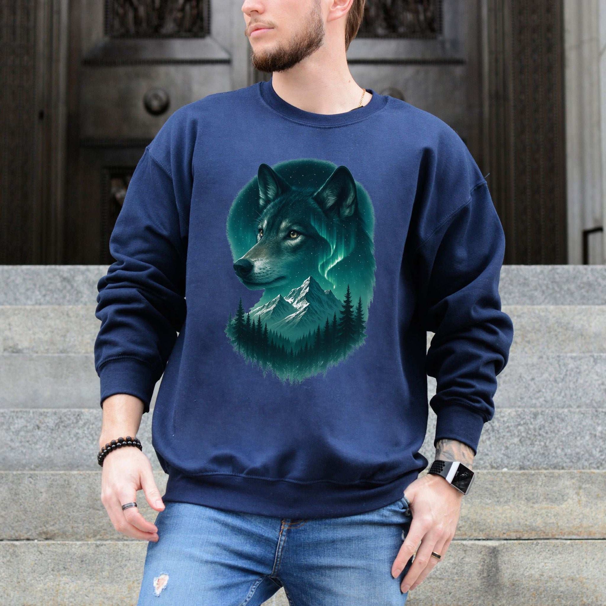 Wolf and Northern Lights Sweatshirt – Spirit Animal in Night Forest & Mountain Scene