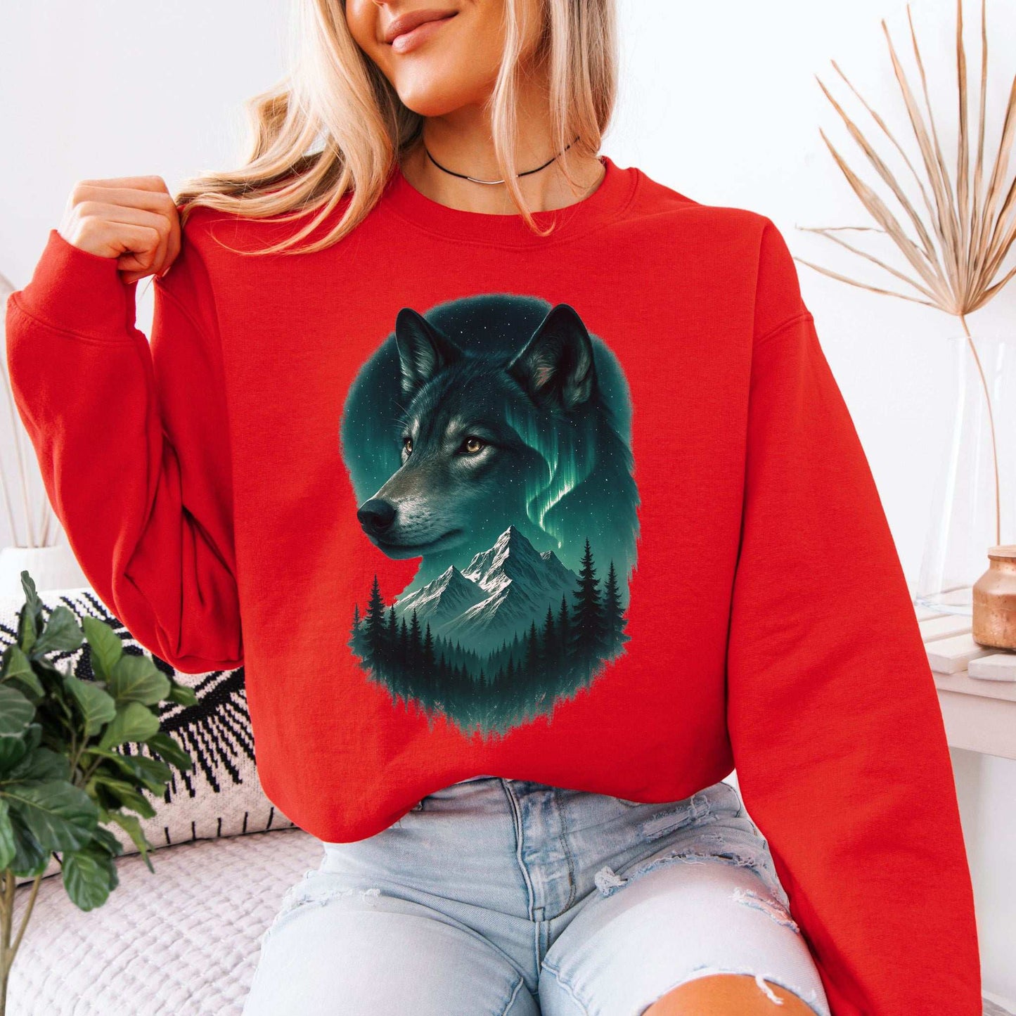 Wolf and Northern Lights Sweatshirt – Spirit Animal in Night Forest & Mountain Scene