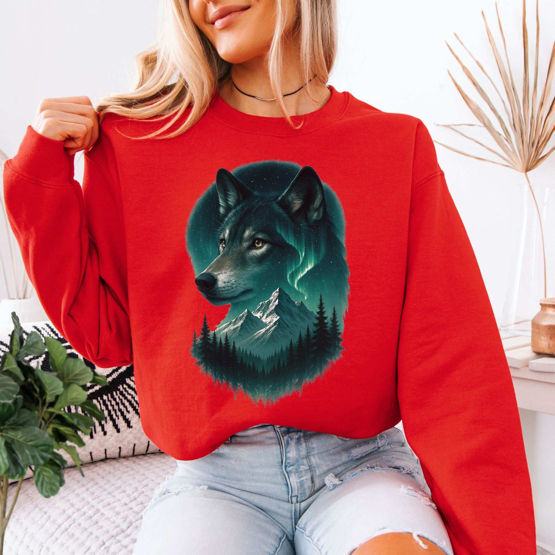 Wolf and Northern Lights Sweatshirt – Spirit Animal in Night Forest & Mountain Scene