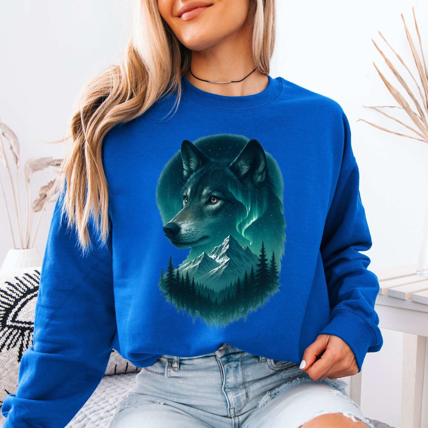 Wolf and Northern Lights Sweatshirt – Spirit Animal in Night Forest & Mountain Scene