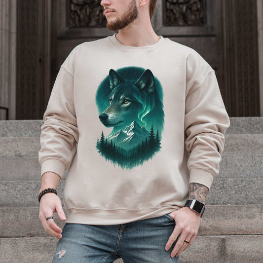 Wolf and Northern Lights Sweatshirt – Spirit Animal in Night Forest & Mountain Scene