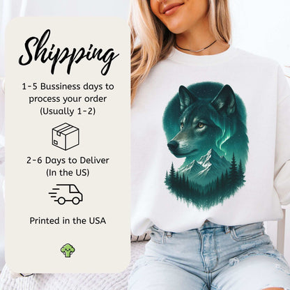 Wolf and Northern Lights Sweatshirt – Spirit Animal in Night Forest & Mountain Scene