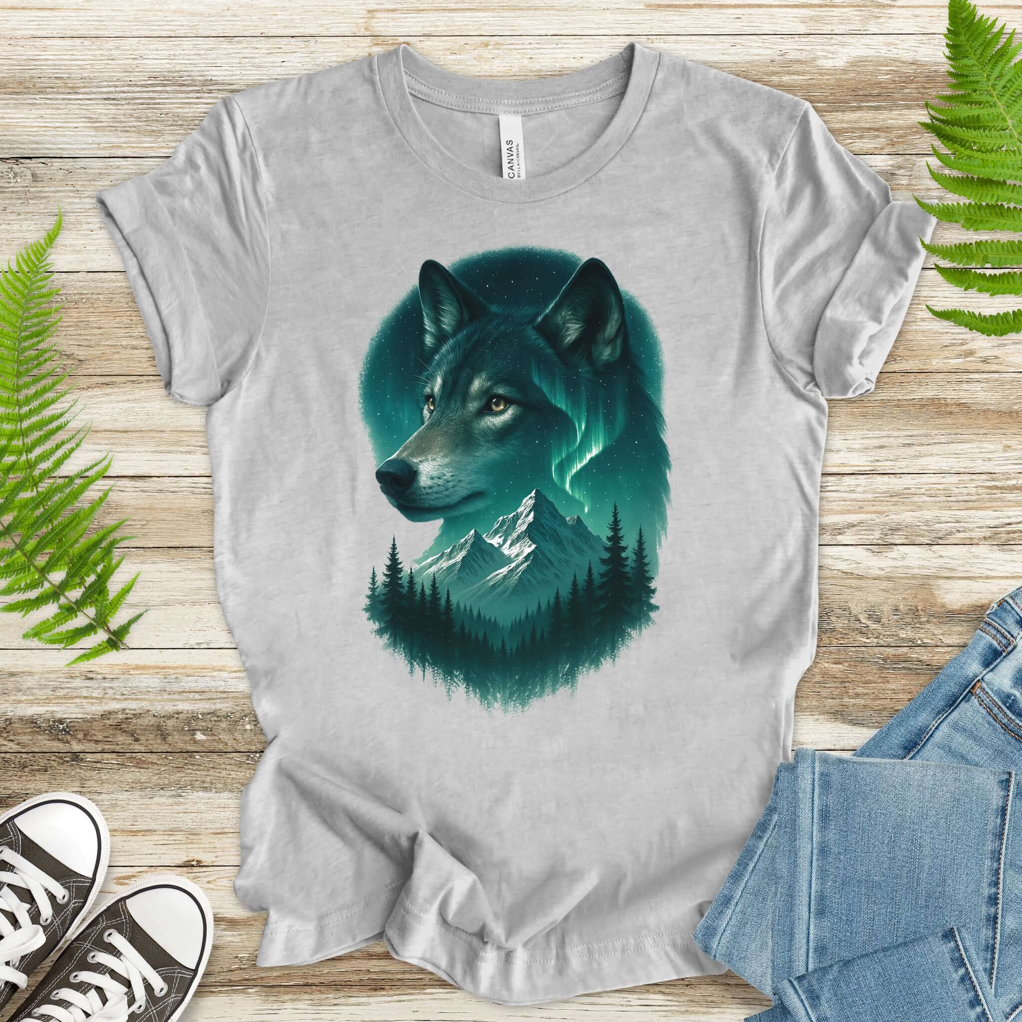 Wolf and Northern Lights T-Shirt – Spirit Animal in Night Forest & Mountain Scene