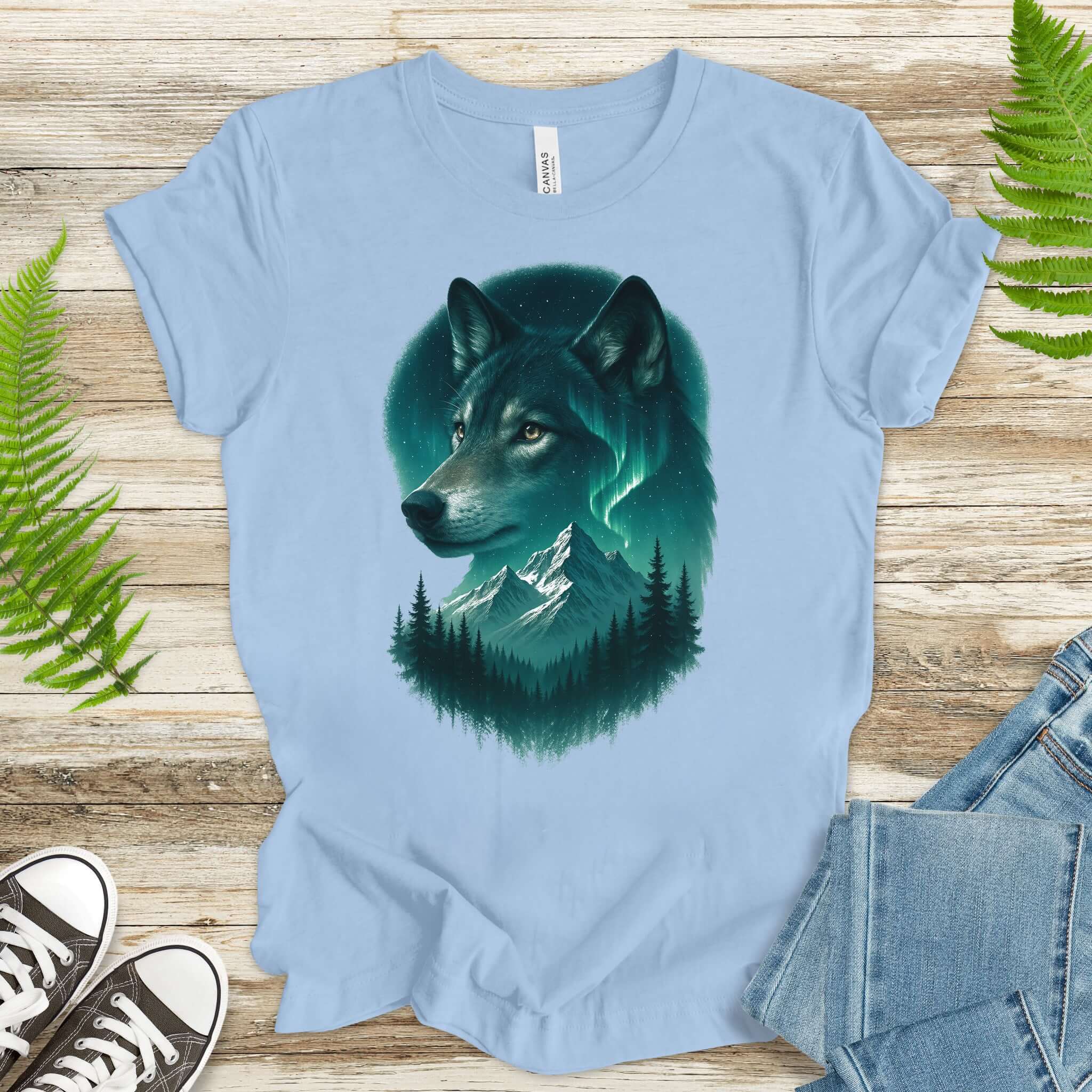 Wolf and Northern Lights T-Shirt – Spirit Animal in Night Forest & Mountain Scene