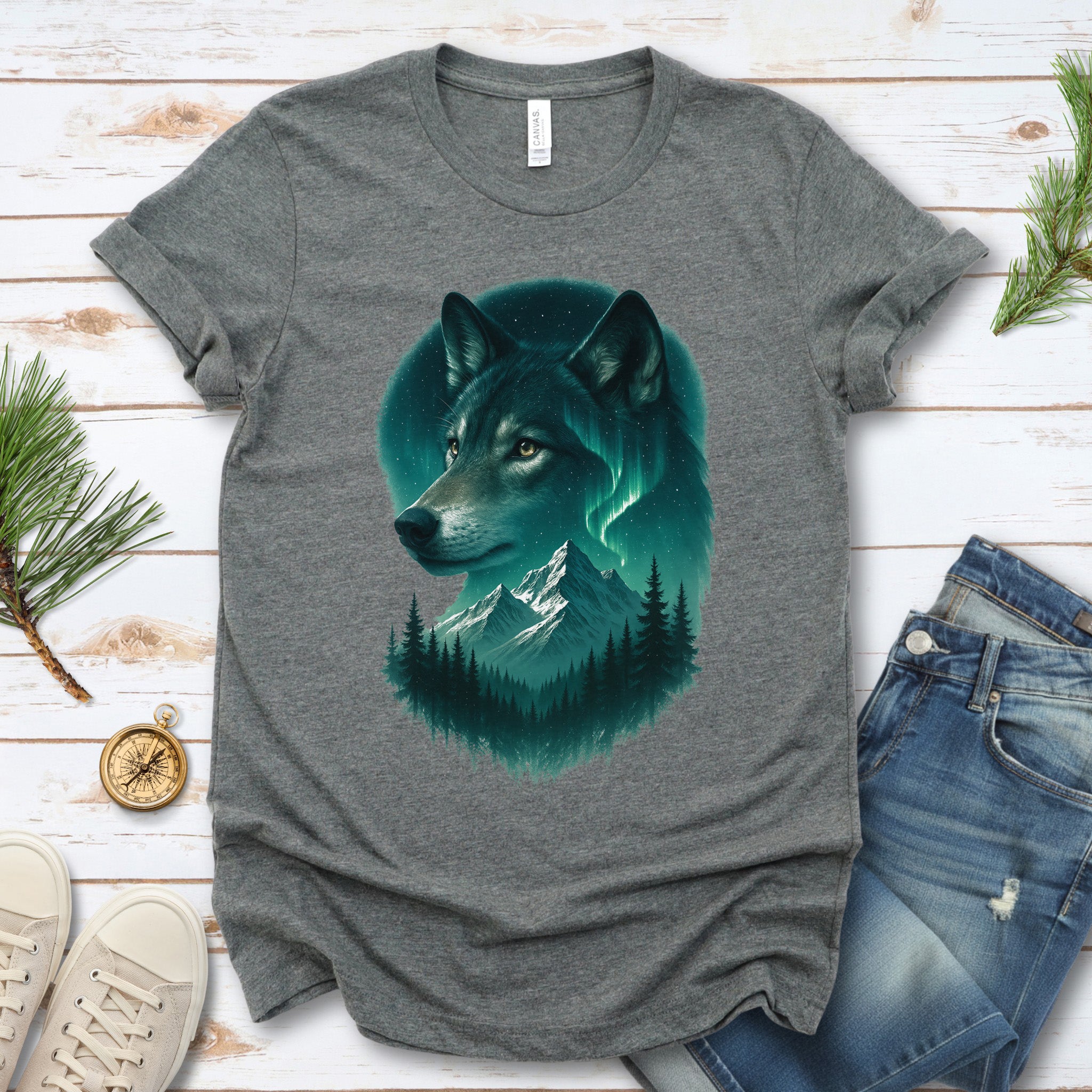 Wolf and Northern Lights T-Shirt – Spirit Animal in Night Forest & Mountain Scene