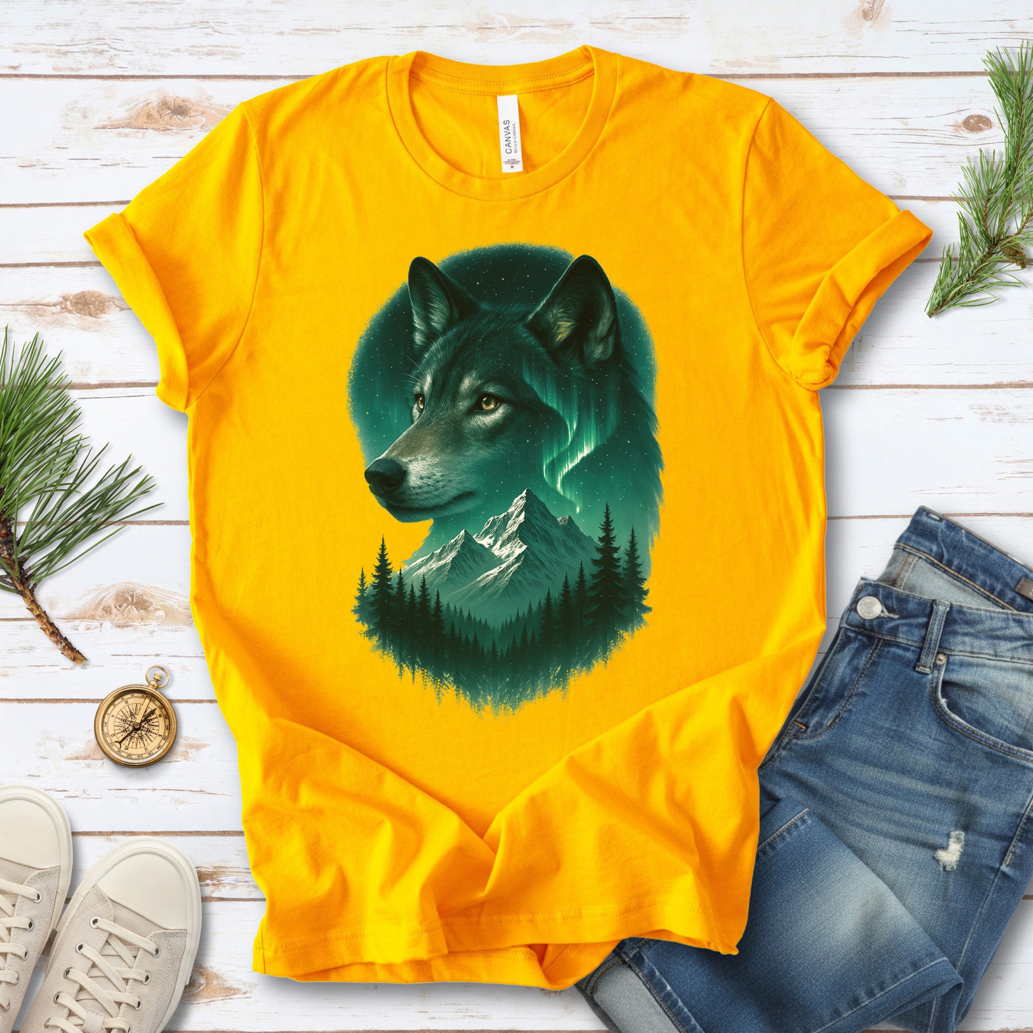 Wolf and Northern Lights T-Shirt – Spirit Animal in Night Forest & Mountain Scene