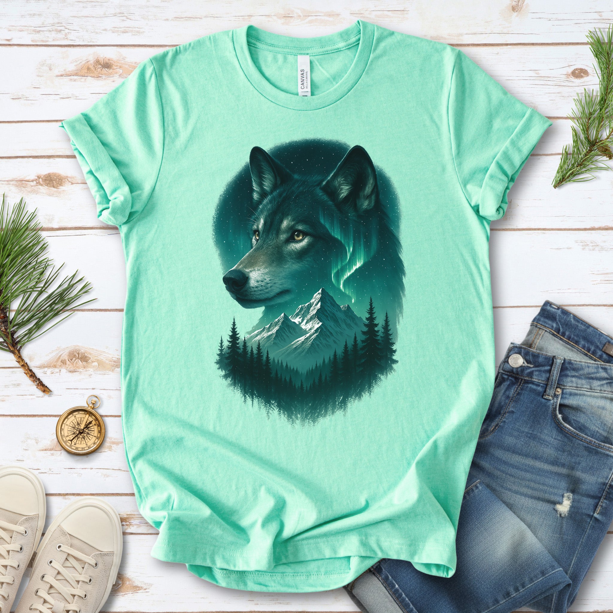 Wolf and Northern Lights T-Shirt – Spirit Animal in Night Forest & Mountain Scene