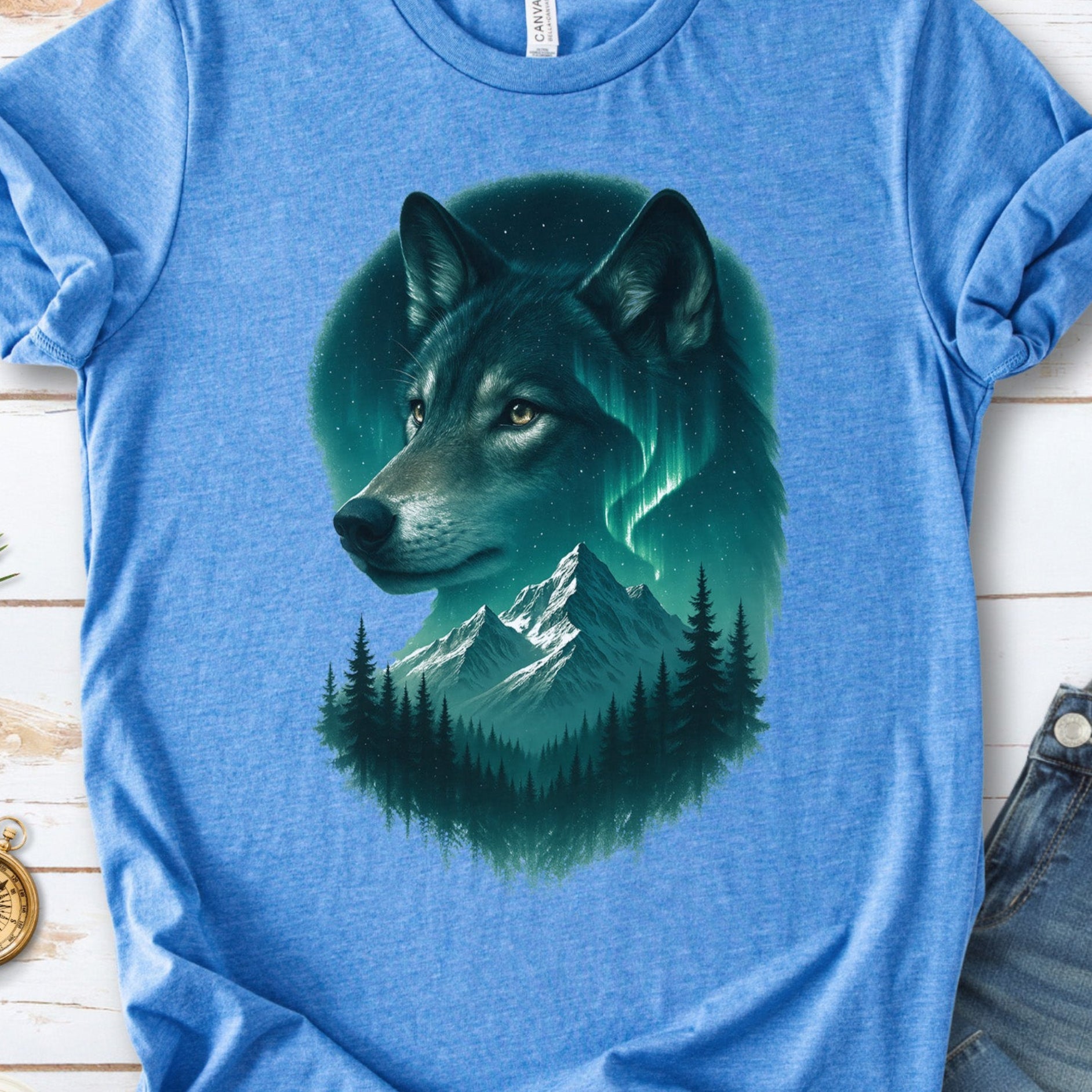 Wolf and Northern Lights T-Shirt – Spirit Animal in Night Forest & Mountain Scene