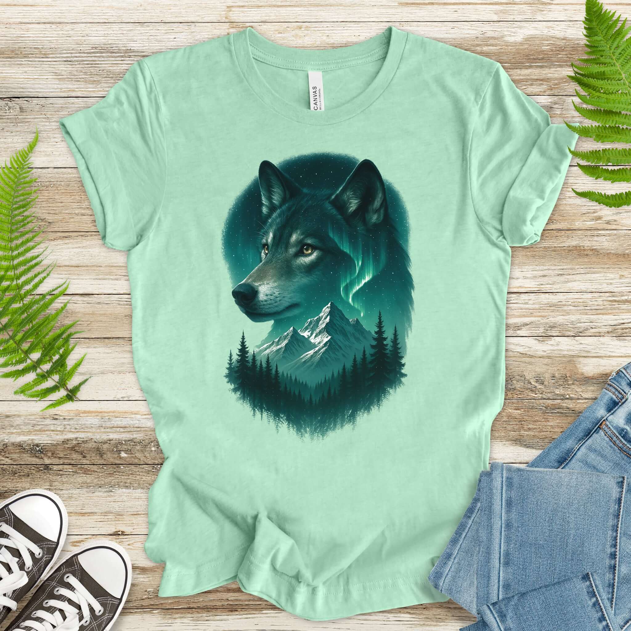 Wolf and Northern Lights T-Shirt – Spirit Animal in Night Forest & Mountain Scene