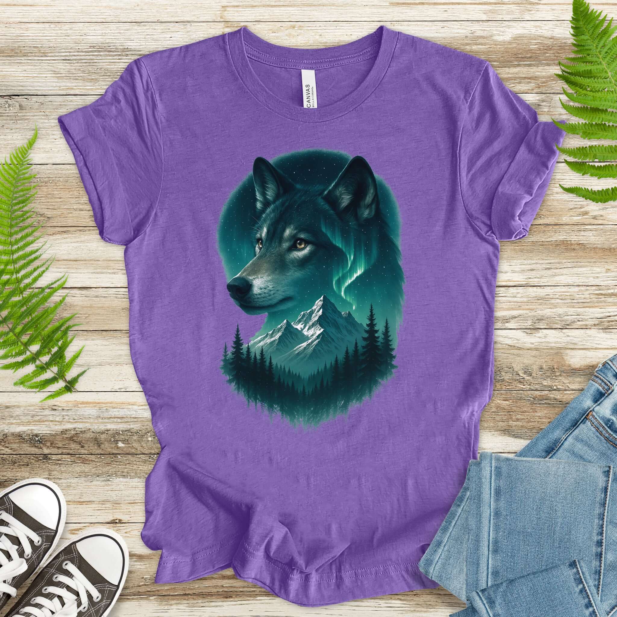 Wolf and Northern Lights T-Shirt – Spirit Animal in Night Forest & Mountain Scene