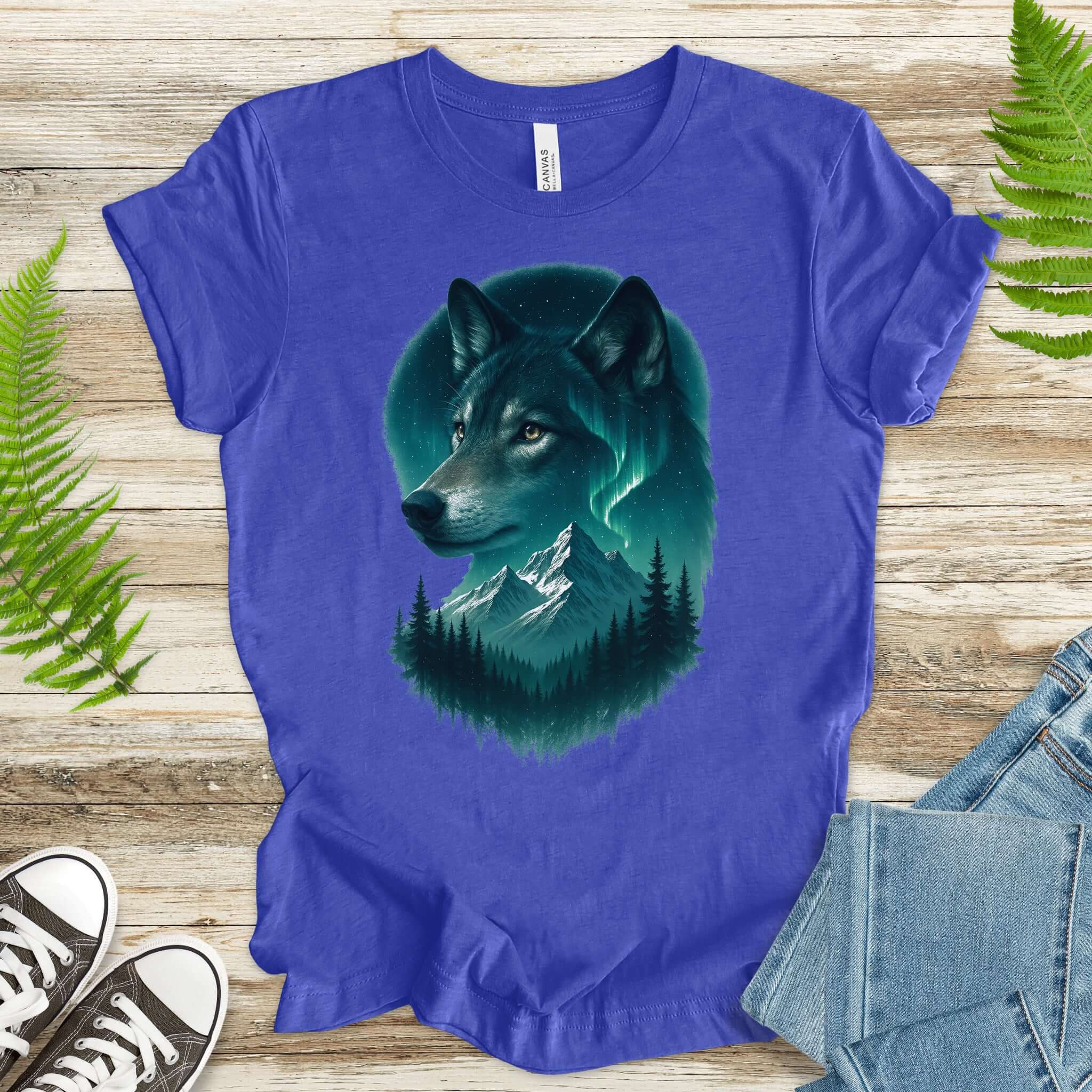 Wolf and Northern Lights T-Shirt – Spirit Animal in Night Forest & Mountain Scene