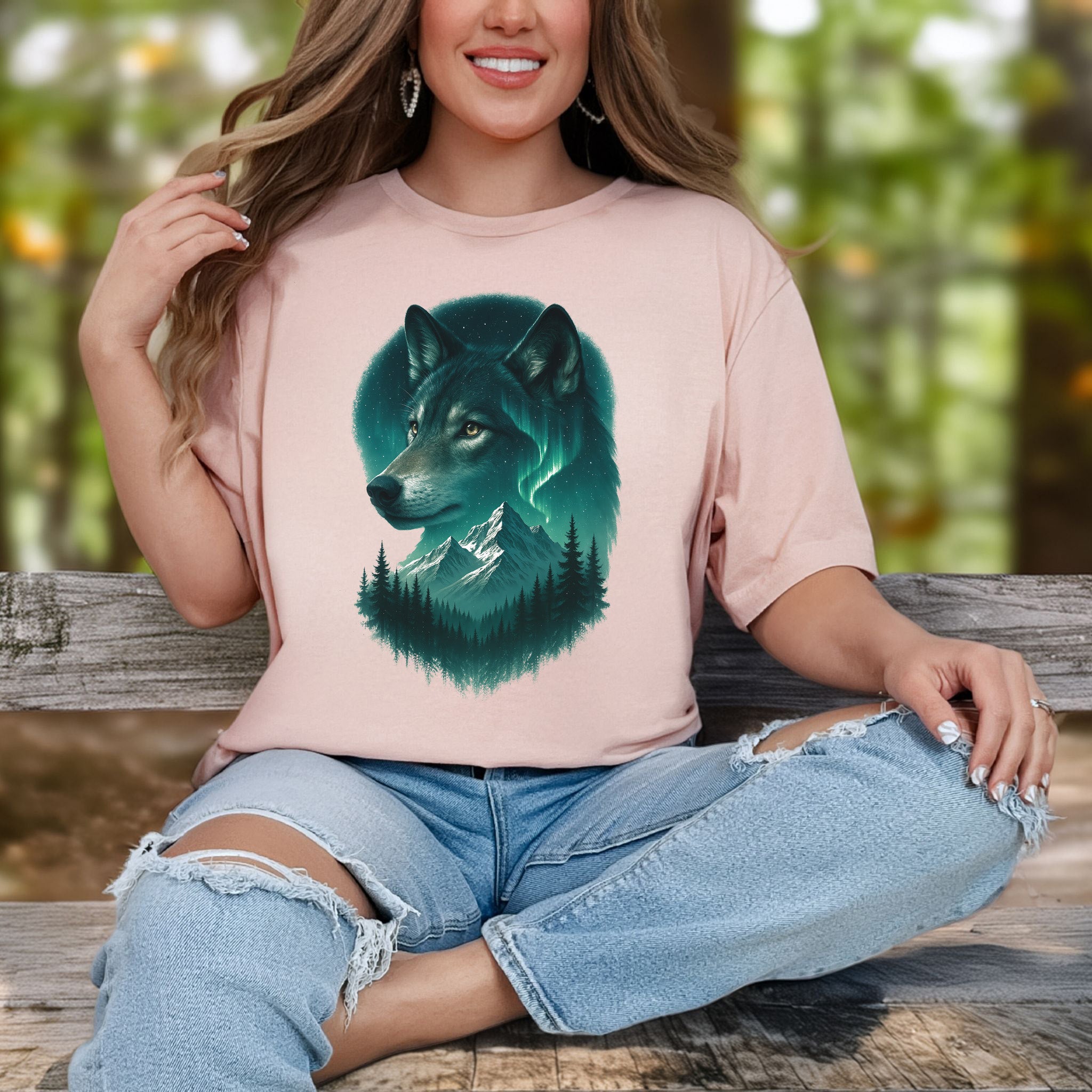Wolf and Northern Lights T-Shirt – Spirit Animal in Night Forest & Mountain Scene