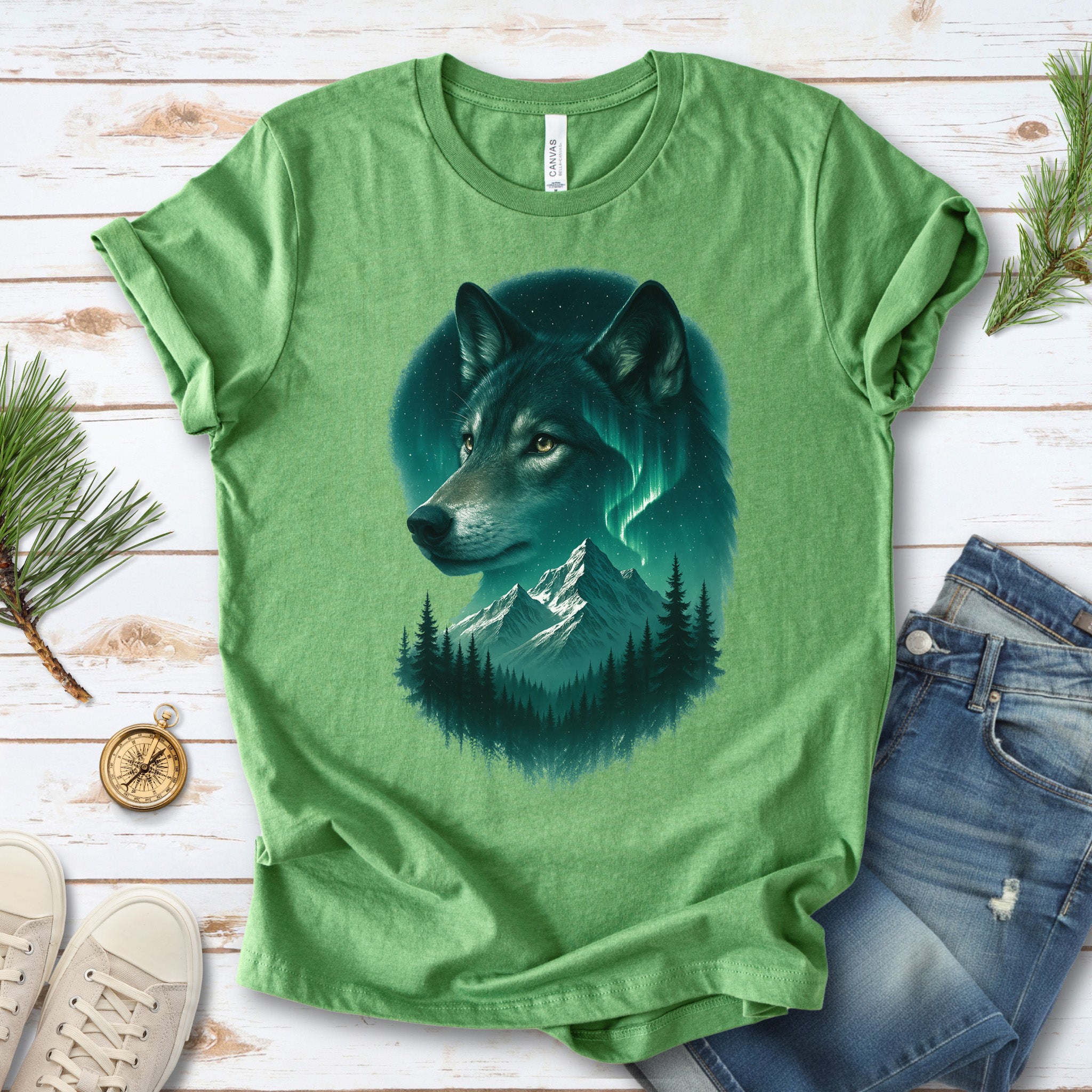 Wolf and Northern Lights T-Shirt – Spirit Animal in Night Forest & Mountain Scene