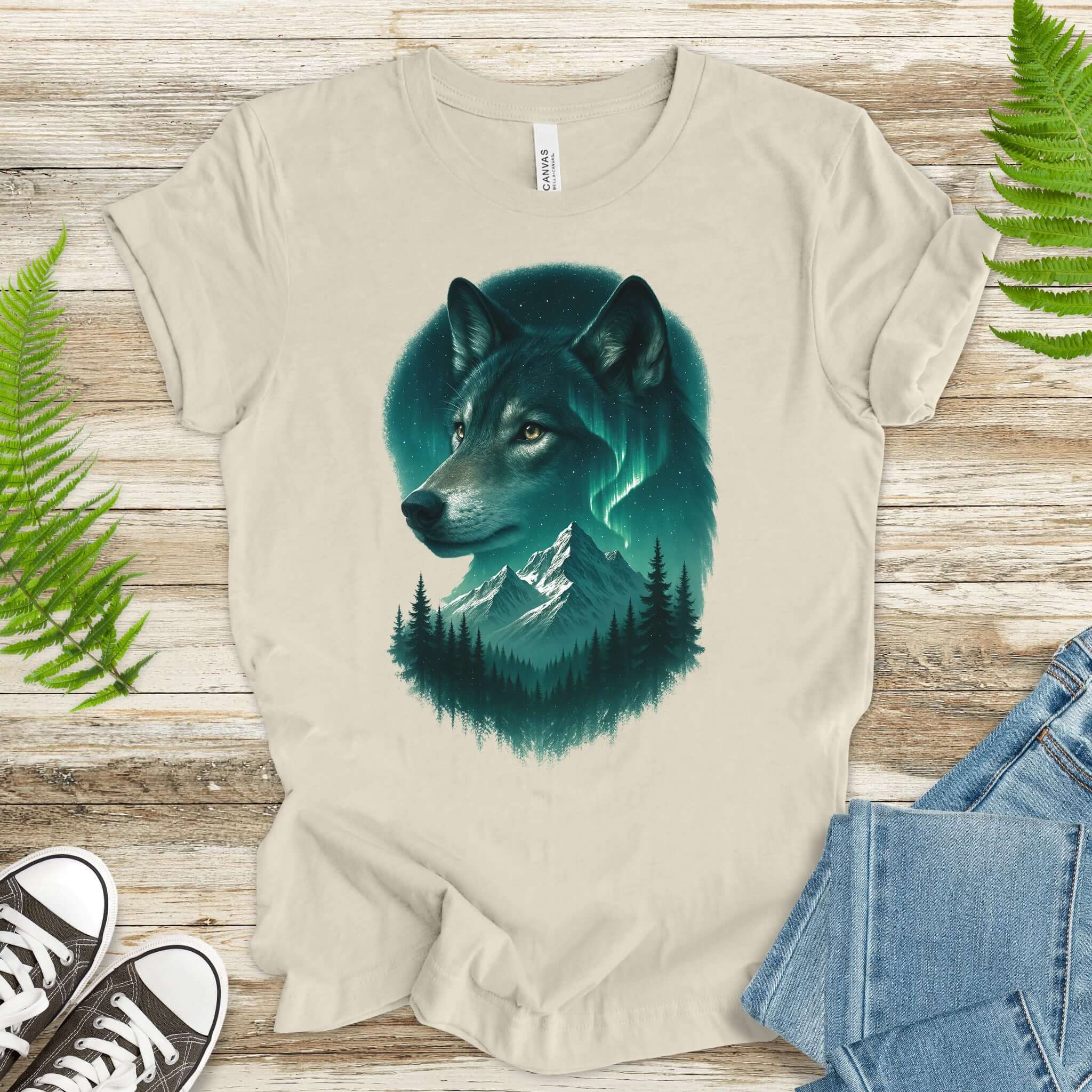 Wolf and Northern Lights T-Shirt – Spirit Animal in Night Forest & Mountain Scene