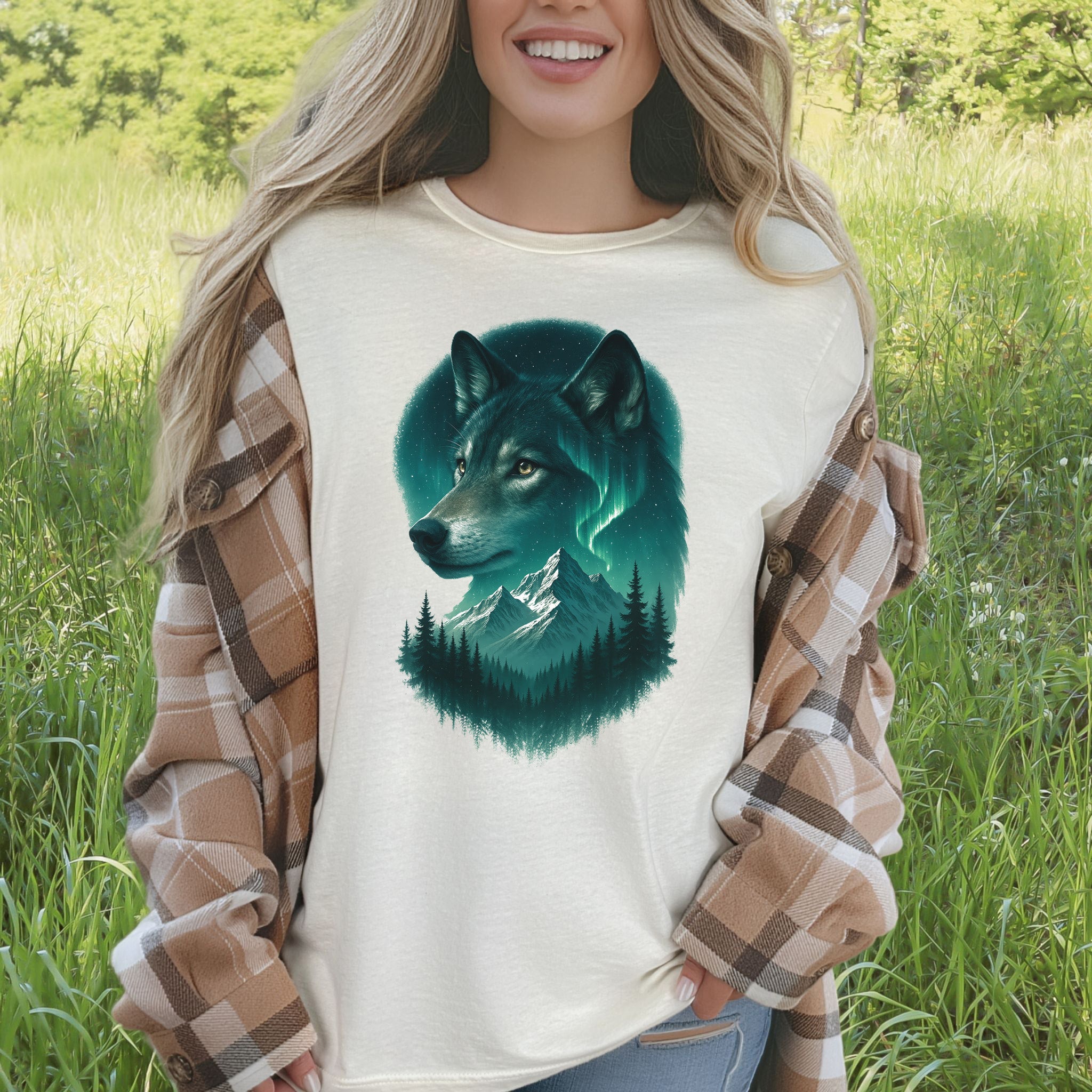 Wolf and Northern Lights T-Shirt – Spirit Animal in Night Forest & Mountain Scene