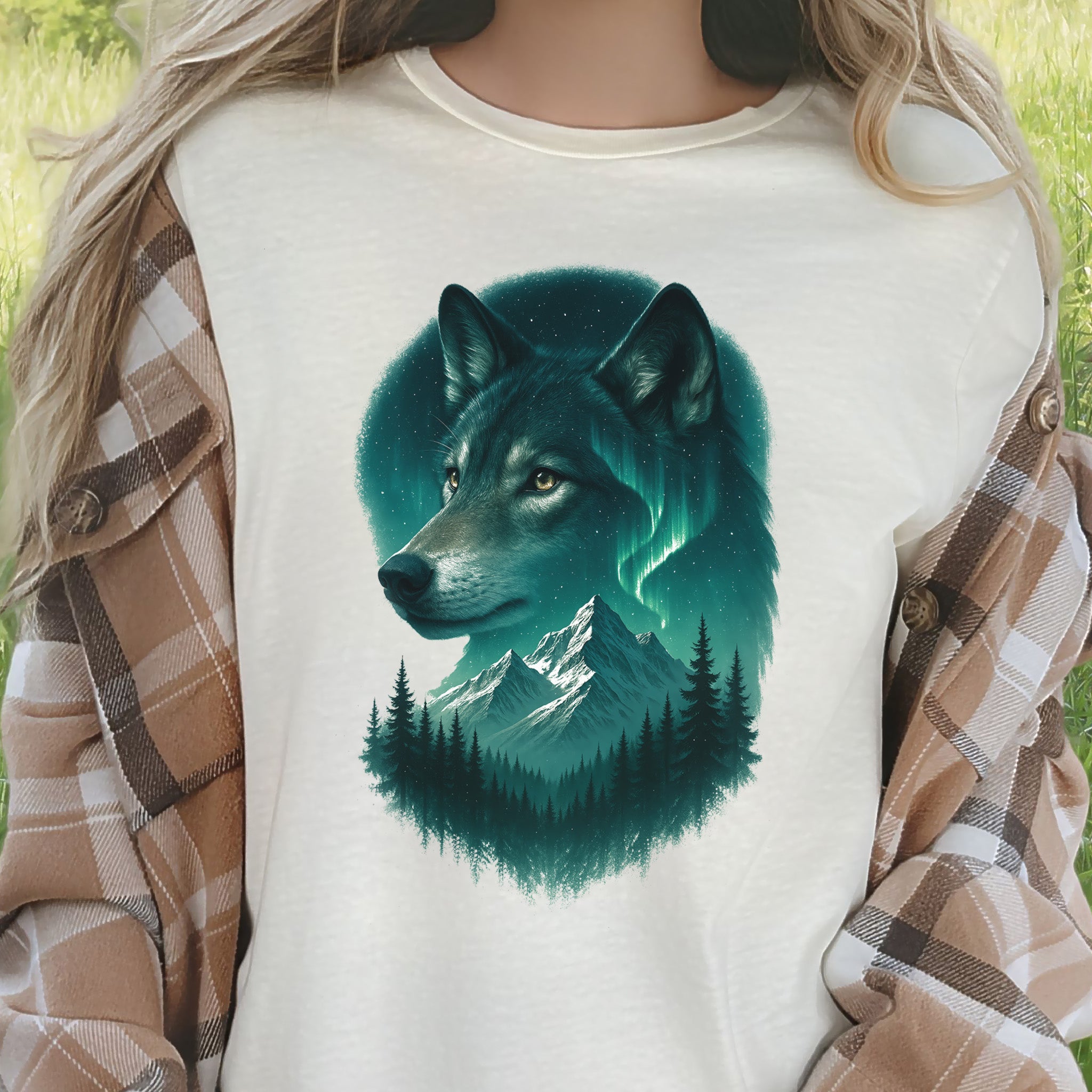 Wolf and Northern Lights T-Shirt – Spirit Animal in Night Forest & Mountain Scene