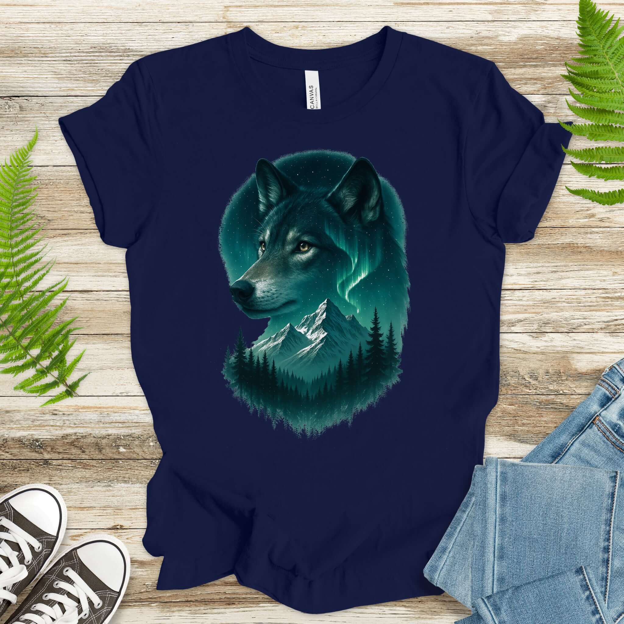 Wolf and Northern Lights T-Shirt – Spirit Animal in Night Forest & Mountain Scene
