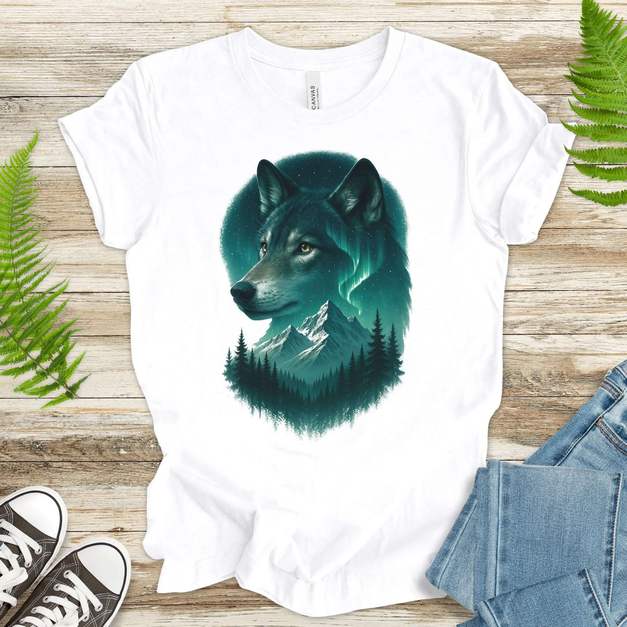 Wolf and Northern Lights T-Shirt – Spirit Animal in Night Forest & Mountain Scene