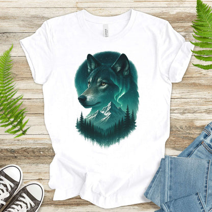 Wolf and Northern Lights T-Shirt – Spirit Animal in Night Forest & Mountain Scene