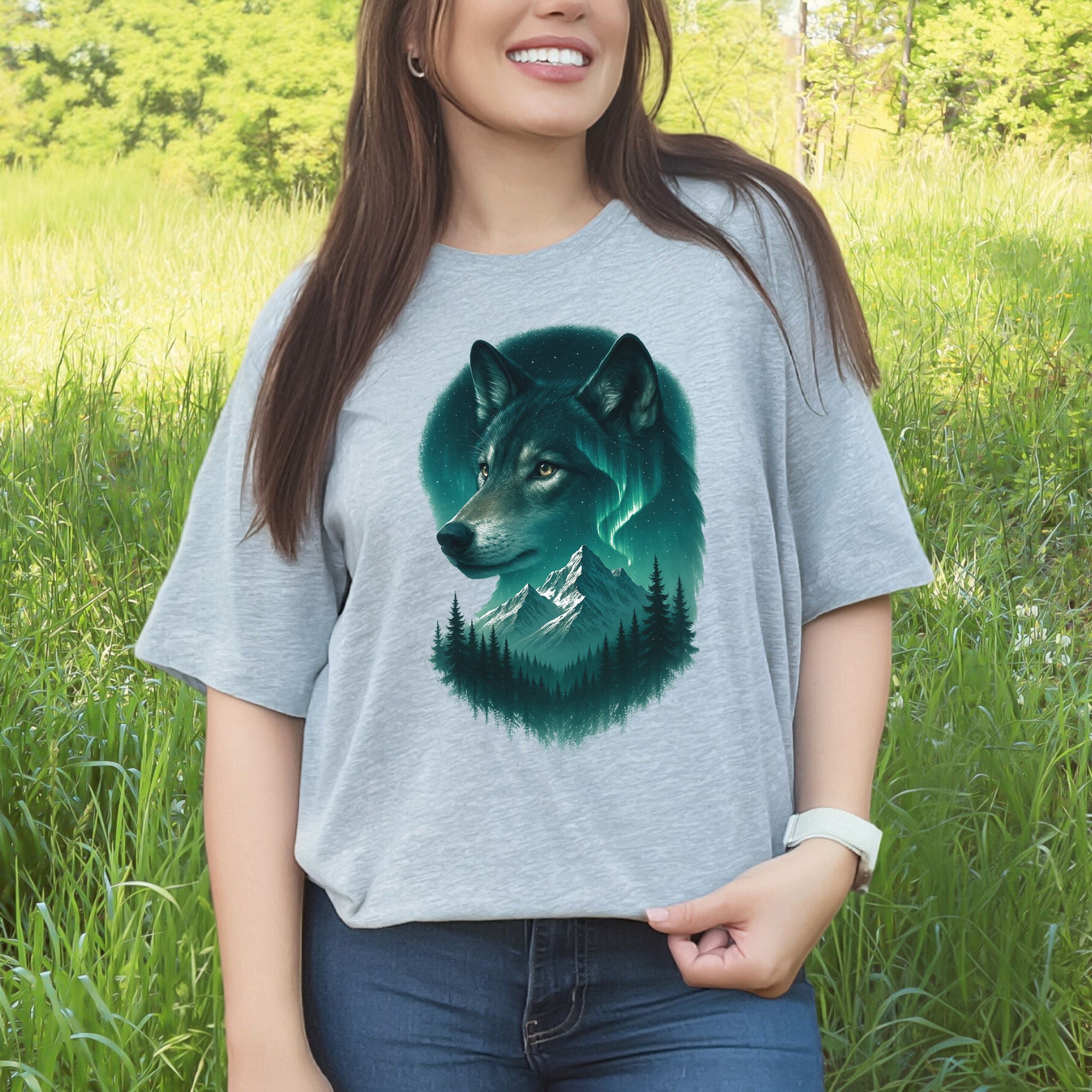 Wolf and Northern Lights T-Shirt – Spirit Animal in Night Forest & Mountain Scene